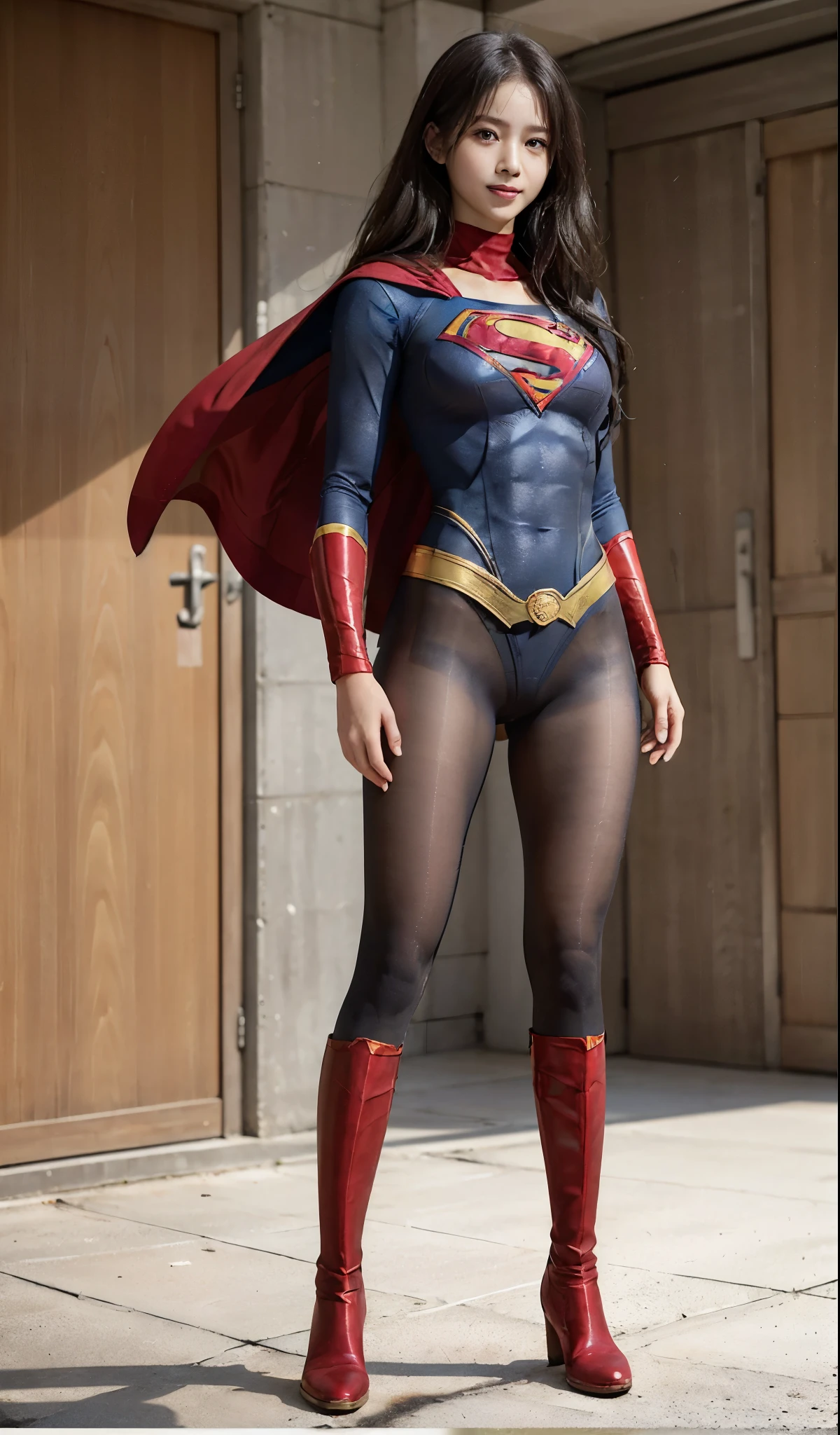 No background、(((Beautiful legs in black tights.)))、(((Legally express the beauty of your smile)))、((((Make the most of your original images)))、(((Supergirl Costume)))、(((Beautiful Hair)))、(((suffering)))、(((Please wear black tights....、Wear red boots)))、((Best image quality、8k))、((highest quality、8k、masterpiece:1.3))、(((Preserve background )))、Sharp focus:1.2、Beautiful woman with perfect figure:1.4、Slim Abs:1.2、Wet body:1.5、Highly detailed face and skin texture、8k