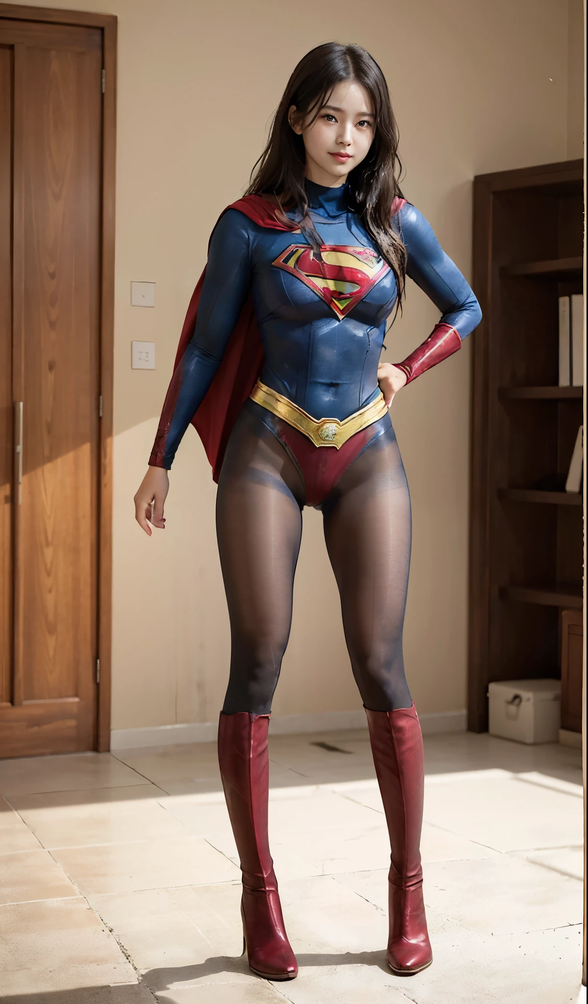 No background、(((Beautiful legs in black tights.)))、(((Legally express the beauty of your smile)))、((((Make the most of your original images)))、(((Supergirl Costume)))、(((Beautiful Hair)))、(((suffering)))、(((Please wear black tights....、Wear red boots)))、((Best image quality、8k))、((highest quality、8k、masterpiece:1.3))、(((Preserve background )))、Sharp focus:1.2、Beautiful woman with perfect figure:1.4、Slim Abs:1.2、Wet body:1.5、Highly detailed face and skin texture、8k