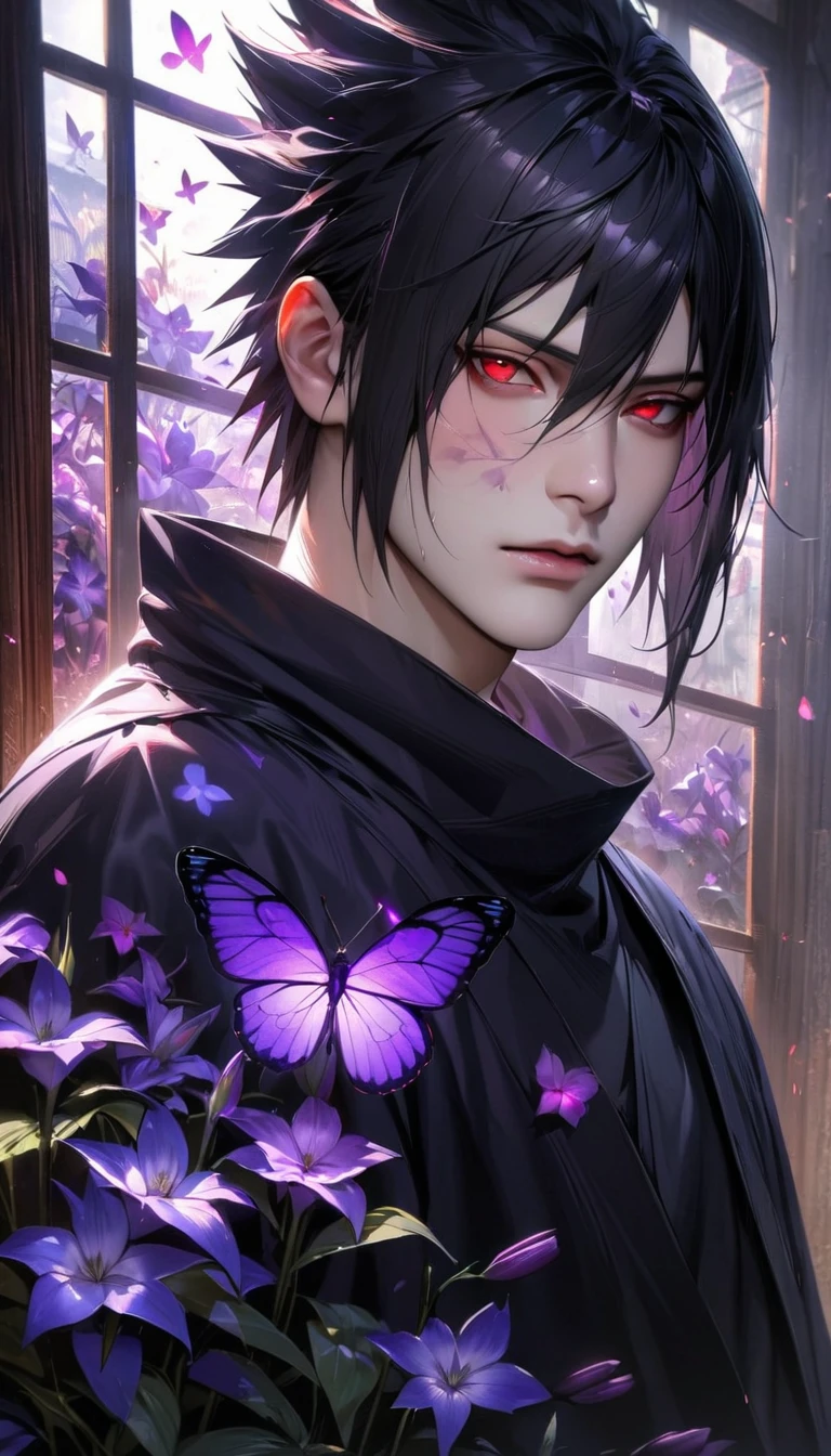 absurdres, highres, ultra detailed, HDR, master piece, best quality, realistic face, Uchiha Sasuke, black hair, hair between the eyes, expressive red eyes, Naruto Shippuden, solo, man, handsome, glass stained window, purple shining butterflies, purple lilies, purple petals