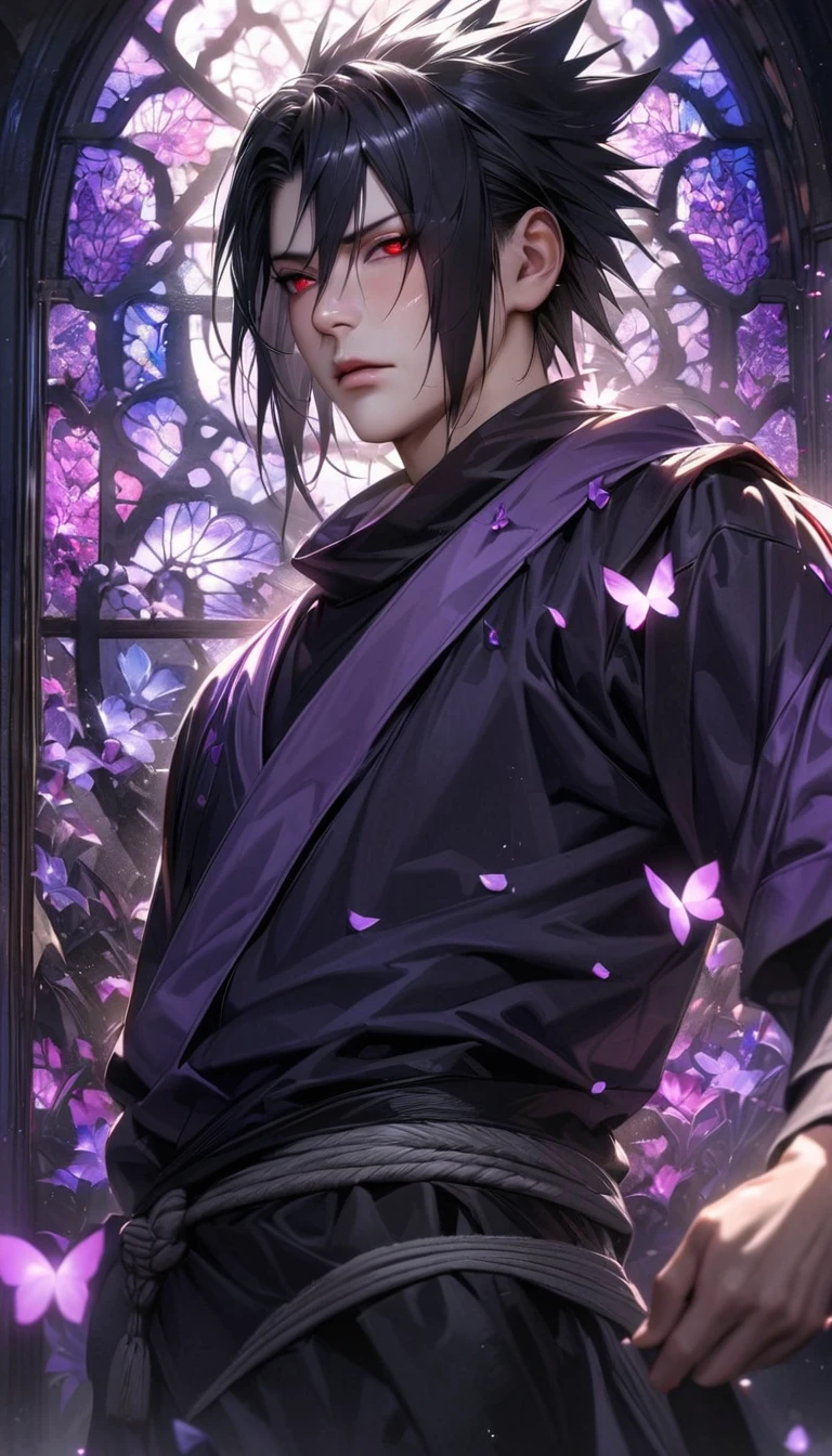 absurdres, highres, ultra detailed, HDR, master piece, best quality, realistic face, Uchiha Sasuke, black hair, hair between the eyes, expressive red eyes, Naruto Shippuden, solo, man, handsome, glass stained window, purple shining butterflies, purple lilies, purple petals
