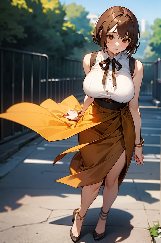 1 girl, game CG, sleeveless brown clothes, short slit skirt, neck ribbon, bangles, gigantic breasts, brown hair, short hair, brown eyes, POV, smile, full body, outdoor,