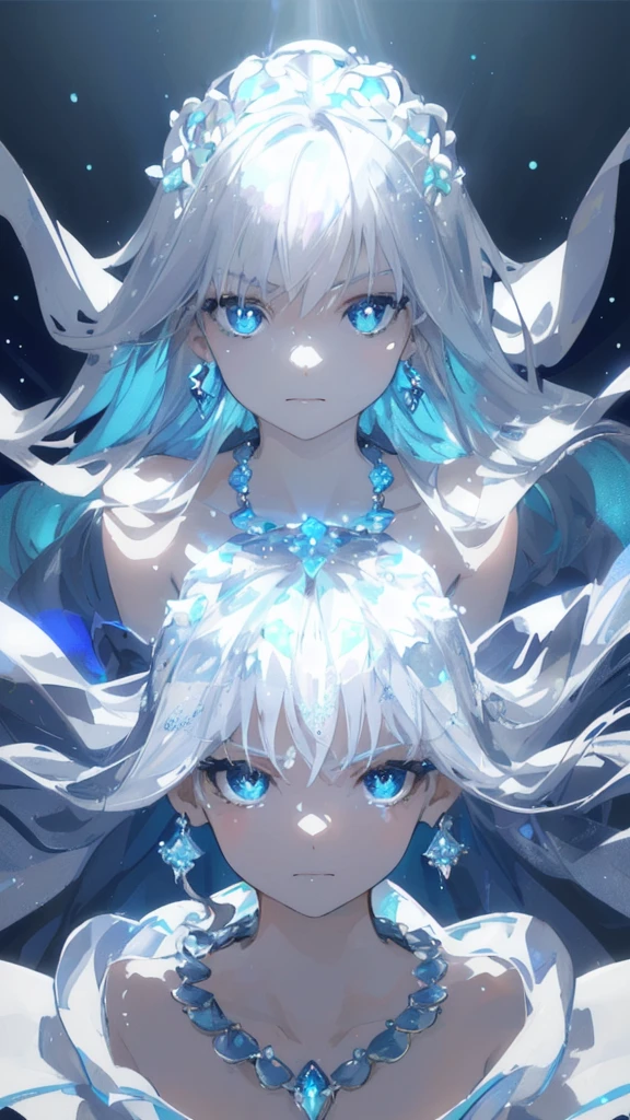 masterpiece, best quality, illustration, sax blue, platinum earrings, platinum necklace, white dress, 1girl, cute, (dynamic lighting:1.2), cinematic lighting, delicate facial features, detailed eyes, sharp pupils, realistic pupils, depth of field, bokeh, sharp focus, (hyper-detailed, bloom, glow:1.4), many small gems