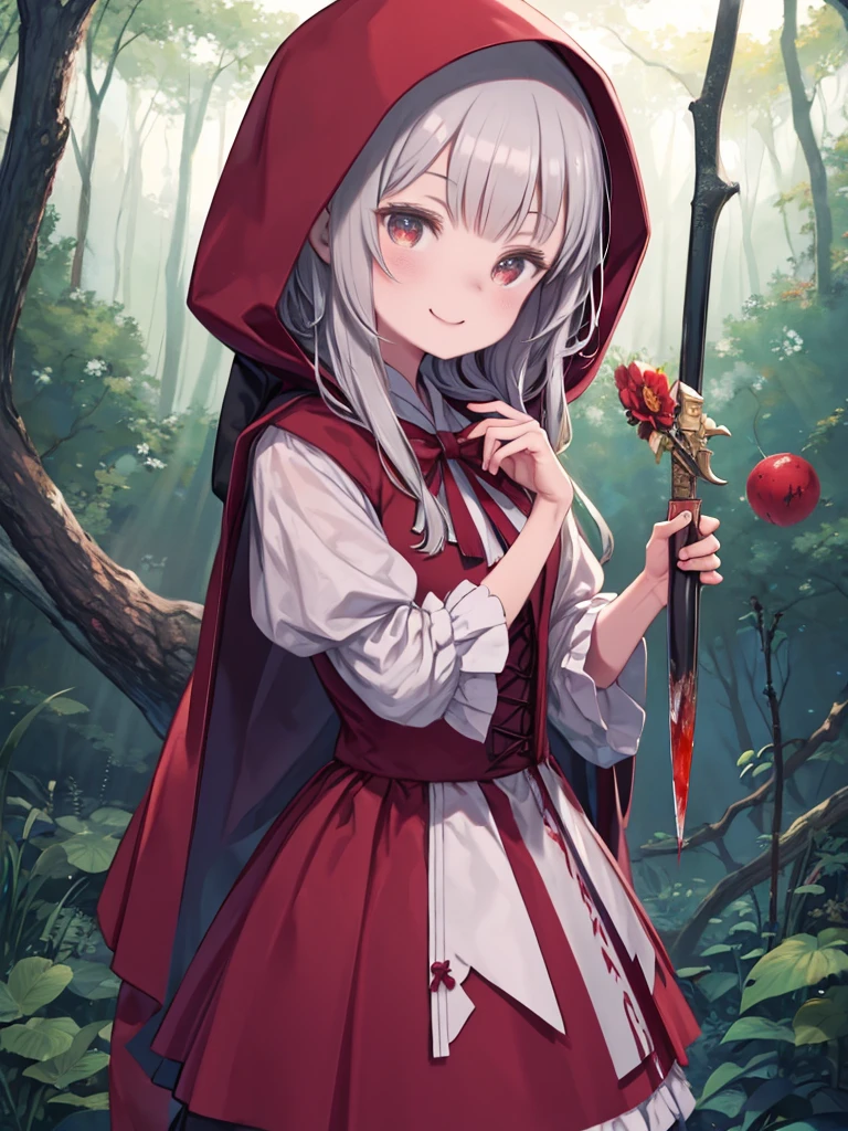 masterpiece、highest quality、High resolution、Very detailed、Medium wide shot、Girl、Little Red Riding Hood、Little Red Riding Hood、in the forest、Wicked Smile、Smiling with teeth showing、Red Hood、Red Cape、White shirt、Red Skirt、Stand on a pool of blood、Blood stained clothes、holding a knife in your hand、Watching the audience、dead animal、
