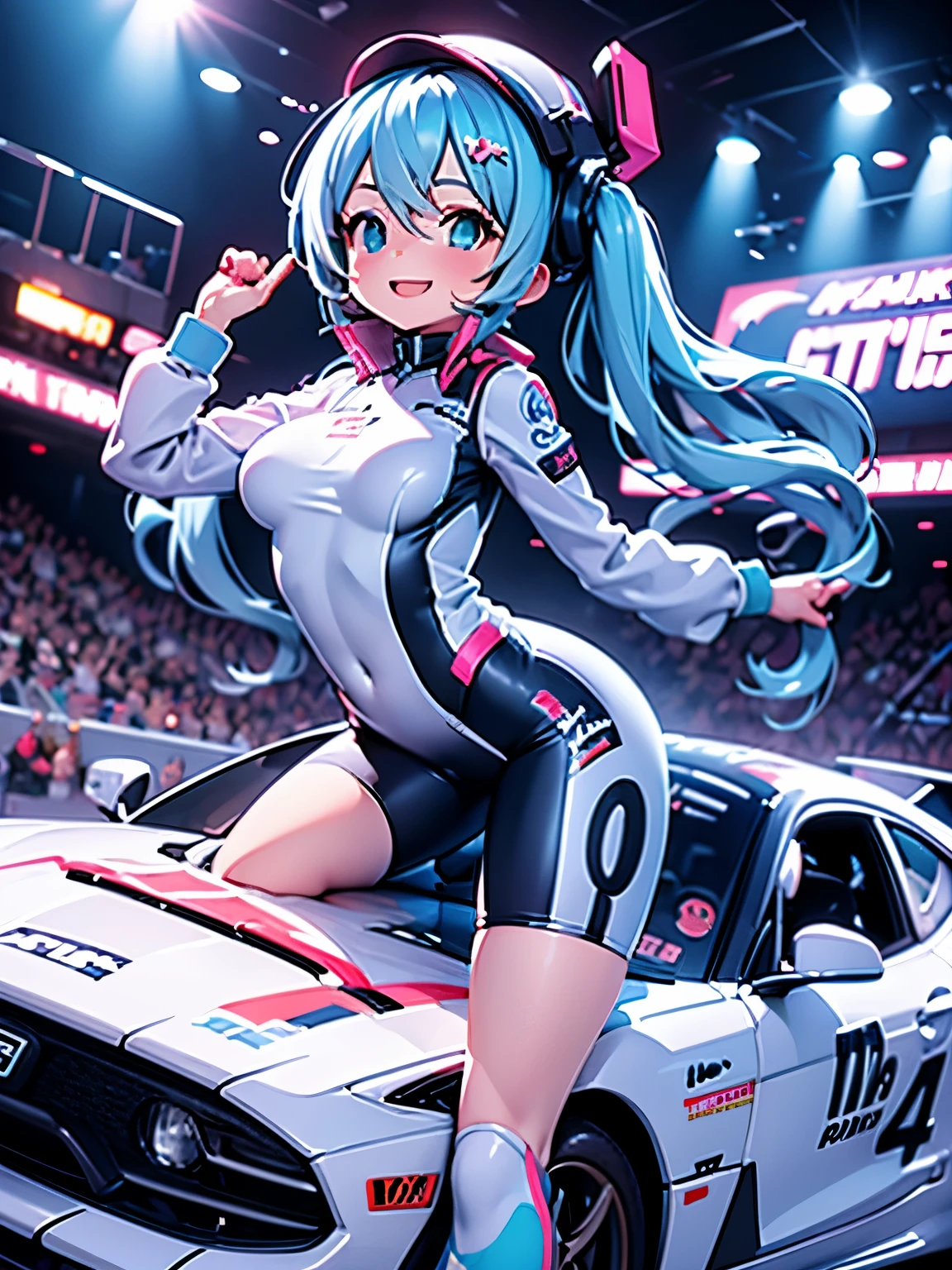 (masterpiece、highest quality、highest quality、Official Art、Beautiful and beautiful:1.2)、(One girl:1.3)Hatsune Miku、Twin tails,Big Breasts,highest quality,High resolution),Tess Durrett,pole position,Holding a racing helmet,Standing in a race car,smile,Anime Style,Bright colors,Dynamic Lighting,Glossy finish,Cheerful pose,Attention to detail,Sparkling eyes,long flowing hair,Wear a racing suit,Checkered flag pattern on car,Exciting atmosphere,Vivid expression