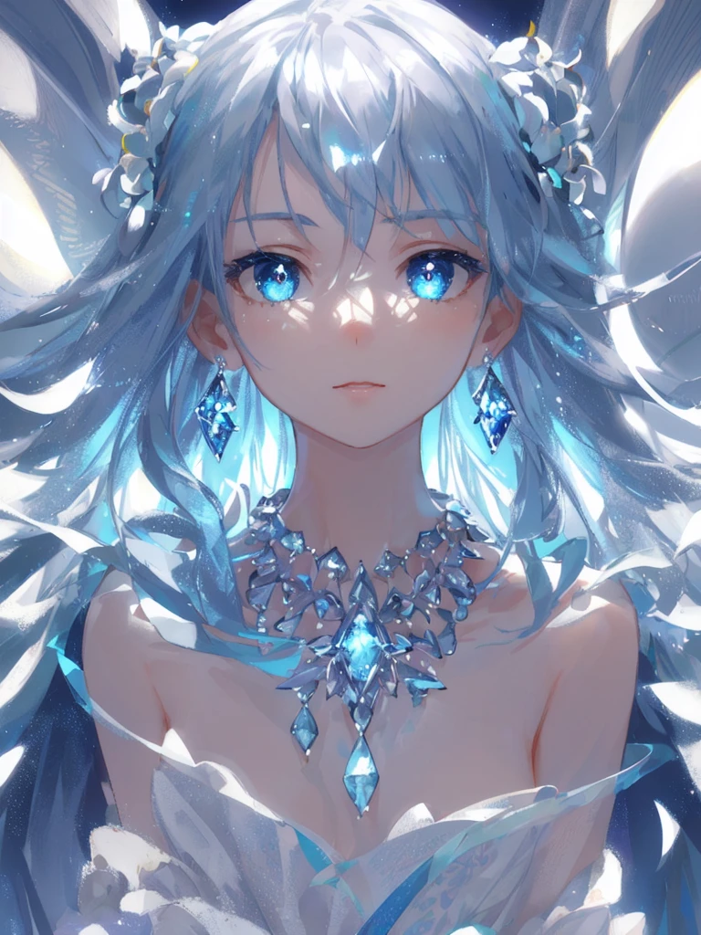 masterpiece, best quality, illustration, sax blue, platinum earrings, platinum necklace, white dress, 1girl, cute, (dynamic lighting:1.2), cinematic lighting, delicate facial features, detailed eyes, sharp pupils, realistic pupils, depth of field, bokeh, sharp focus, (hyper-detailed, bloom, glow:1.4), many small gems
