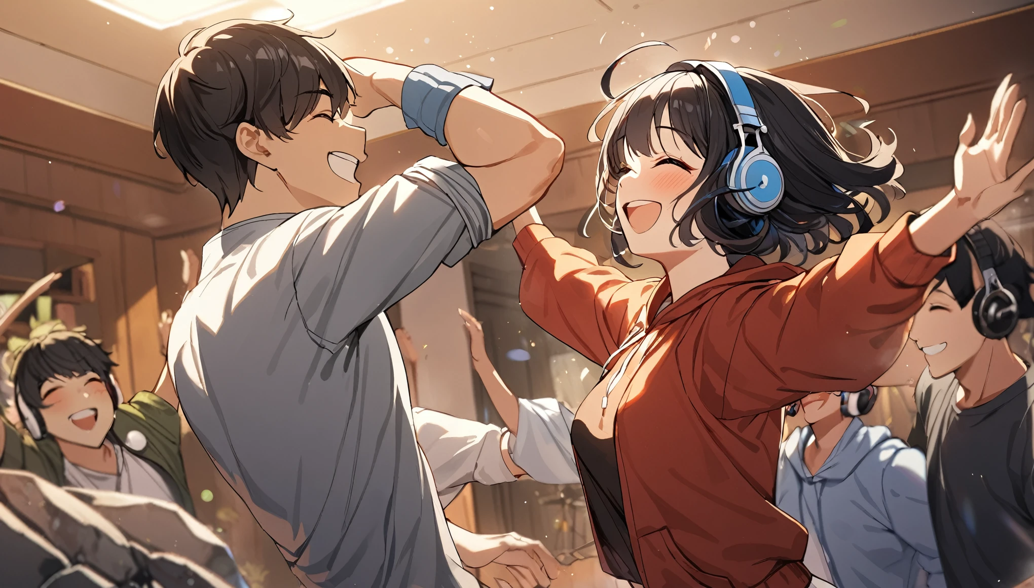 1Boy, Headphones, Music, ((Dancing)), ((Black Hair)), Hood, Rock, ((Excited)), ((Smile)), ((Close Eyes)), Room, Comfy, Masterpiece, Best Quality, 4K