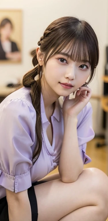 masterpiece、highest quality、8k,Ultra-high resolution、RAW Photos、Ultra-high resolution、日本people、beautiful girl、1people、woman, (Braided top knot,Twisted Side Part Ponytail Braided Headband,Half Up、Braided Space Van,Voluminous fishtail braid,Twisted pan),(Asymmetrical bangs)、 (Ultra-realistic),Round face、 Fine and beautiful eyes、double eyelid、Thin eyebrows、(eye shadow(Shrimp brown))、Rich dreamy make-up、Thin lips, (Loose fitting blouse)、 (Micro Mini Skirt(light lavender color))、A kind smile, Professional photography, Cinematic Light, (Very beautiful face: 1.2),(Large Breasts:1.2)、Saggy breasts、Cleavage、Exposed thighs、Voluptuous thighs、Smooth calves、、daytime office、In front of the computer、sitting in an office chair、Head to knee photo