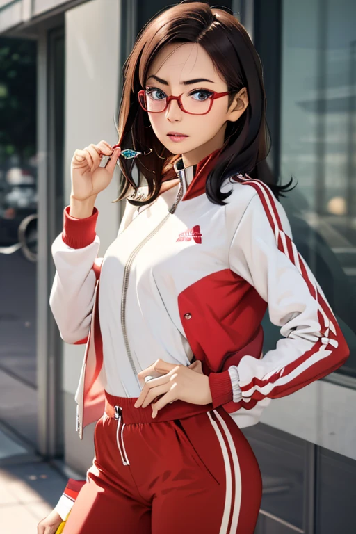 (masterpiece, highest quality), One girl,  Satou, Satou, Glasses, 赤いフレームのGlasses, Under-rim eyewear, Satou, Glasses, 赤いフレームのGlasses, Under-rim eyewear, Track jacket, Track pants