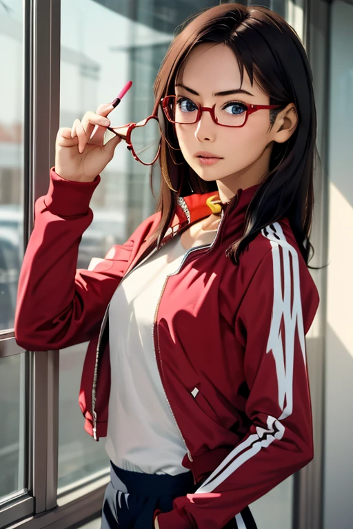 (masterpiece, highest quality), One girl,  Satou, Satou, Glasses, 赤いフレームのGlasses, Under-rim eyewear, Satou, Glasses, 赤いフレームのGlasses, Under-rim eyewear, Track jacket, Track pants