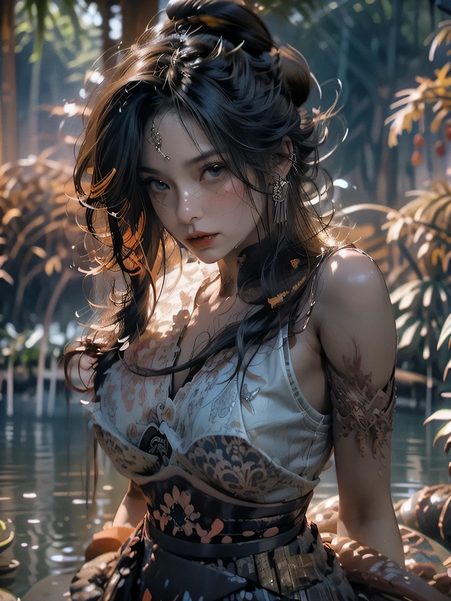 oriental, gothic woman, big boobs, pretty face, black hair, sexy expression, wet body, diving in a river