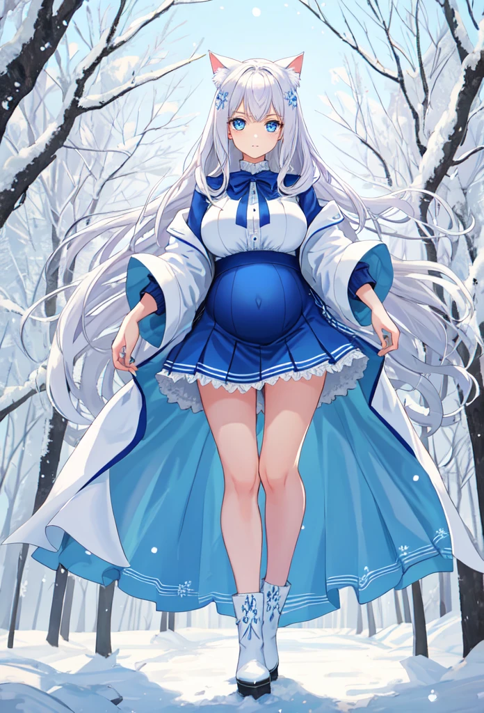 {{{{masterpiece, Practical, Extremely detailed, Intricate details, Clear focus, 8k, high resolution, Depth of Field, absurd, High quality facial shadows, Dynamic Shadows, Movie Lighting, Perfect lighting}}}}, best quality, Asian quality, {For the audience}, {Full body display} {Front view}, {{Put your hands behind your back}}, {Solitary}, Beautiful young girl, {{{Extremely detailed girl, Perfect anatomical structure, Perfect body}}}, {{{Beautiful and delicate hip-length hair,Vibrant white}}}, {{{Thick, multi-layered hair}}}, {Detailed cat ears}, {{{Beautifully detailed soft and furry cat ears}}} {{Beautiful and delicate facial structure}}, {{Detailed beautiful face}}, {{Sexy face}}, {{Cute face}}, Slender facial structure {{Delicate face:1.33}}, {{Beautiful and delicate eyes}}, big eyes, {{{{Detailed blue eyes}}}}, {{{{Highly detailed glowing blue topaz eyes}}}}, {{{{vibrant eye colors}}}}, {{Detail of medium boobs}}, {{Breast separation}}, {{Slender arms}}, {{{{Delicate and delicate fingers}}}}, {{Slim waist}}, {{Slender legs}}, winter , {{{beautiful-detailed white fluffy winter school jacket}}}, {{{Dark Blue Knitted Check Miniskirt}}}, {{{beautiful-detailed white knee-high gyaru winter school socks}}}, {{{Fluffy Spice Boots with Beautiful Details}}}, {{Walking in the forest at midnight on a snowy day,There are snowflakes all around,The moonlight is bright}},(Pregnant,Huge breasts:1.8)