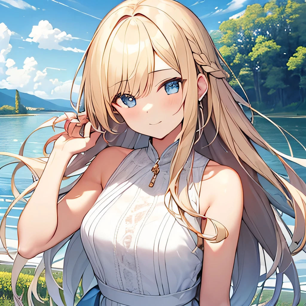 Tabletop, highest quality,shape, wallpaper, Very detailed, Absurd beauty、1 beautiful girl、 (Long Hair、Braided hair、blonde、Ample breasts), Very detailed beautiful eyes , Hair blowing in the wind、Keep your head small、White dress、Lakeside、great outdoors、Fresh greenery、Naughty woman