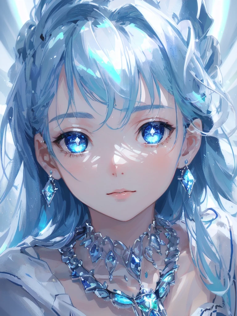 masterpiece, best quality, illustration, sax blue, platinum earrings, platinum necklace, white dress, 1girl, cute, (dynamic lighting:1.2), cinematic lighting, delicate facial features, detailed eyes, sharp pupils, realistic pupils, depth of field, bokeh, sharp focus, (hyper-detailed, bloom, glow:1.4), many small gems