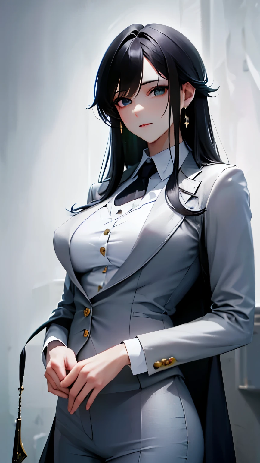 ((masterpiece)), (textured skin), ((high details)), best quality, award winning, 8k, ((beautiful woman)), beautiful lady in male clothing, gray suit, tie, white shirt, three-piece suit, British gentleman style, classic style, black hair, straight hair, swept bangs, long hair