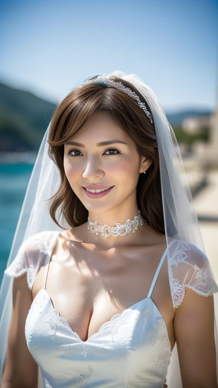 (highest quality,8k,masterpiece),Reality Photos、Detailed skin、
日本人Mature Woman,45 year old beautiful mature woman、Mature Woman,Pure white skin, Portrait、
(Small Breasts 1.3)、Random Hairstyles、
,A kind smile、A captivating gaze、Wedding dress、Veil、choker、Traditional churches of medieval Europe、Aegean blue sea white clouds