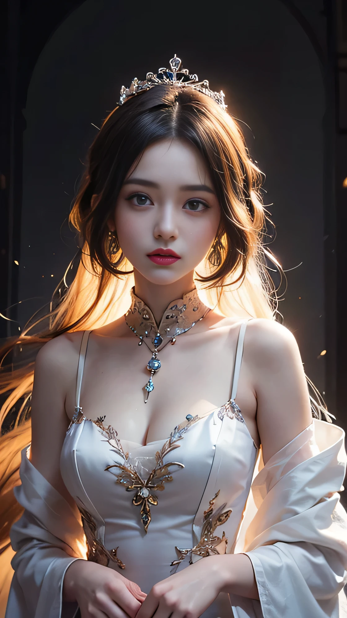 Portrait of a 21 year old saint,Charming adult saint in a long dress made of thin silk, beautiful saint with an old face, adult, She is wearing a bright pink colorful dress:1.5, beautiful face without blemishes, ((7 hair length colors:1.2)), big crown, hair brooch, Hanfu dress, Ancient Chinese style, Full-body jewelry, forehead tattoo, face tattoo,very even breasts, face, innocent face, The most beautiful and delicate light red lipstick, ((thin and plump lips:0.3)), ((golden eyes color:0.6)), Detailed and delicate lighting effects, Light and Darkness, dramatic lighting, magical lights, highly detailed lighting, natural color, very sharp, realistic, 8K quality, Fantasy space setting, A space of saints and magic, The most detailed images, ((alone:0.3)), ((to the saints:0.6)), ((Staring straight at saint'upper body:0.4)), ((soft skin:0.5)), ((saint'veil:0.6)),Tattoo , Face tattoo,Oiran , clothes made of jewels , Cherry Blossom , 🌸 , grassland , Close your eyes and sleep in the chair:1.5