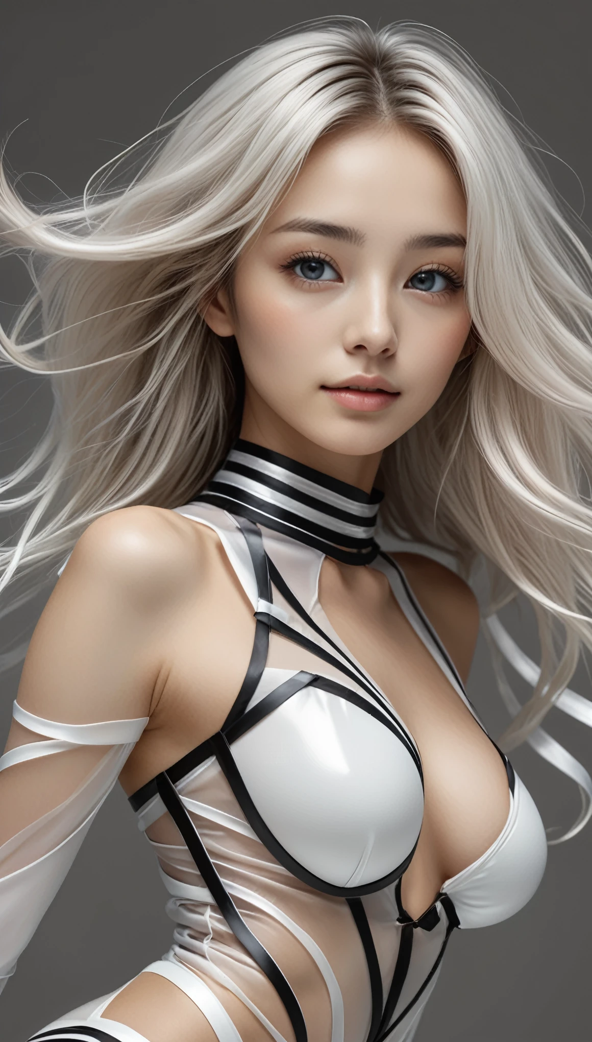 masterpiece, Best Quality, Realistic, Hi-fashion portrait, (1 girl, beautiful woman:1.2), (wide angle:1.2), (all body shot, fashion model, acrobatic pose:1.2),
BREAK
beautiful young, small head,
BREAK
Detailed buttocks, Detailed legs, Detailed body line, (huge breasts, impossible clothes, firm large buttocks), (very slim waist:1.2), (beautiful Muscular legs, beautiful foot:1.4), White and beautiful Silky skin, thin and beautiful neck, small head, (wide angle:1.2), (all body shot, acrobatic pose, from below:1.2),
BREAK Detailed all body wear,
Transparent Ribbon Layered Ensemble Transparent Ribbon Layered Ensemble, Construct a futuristic, minimalist costume featuring layers of sheer ribbons wrapping around the body in intricate patterns, Emphasize the sleekness of the design with a monochromatic palette of black and white, Highlight the curves of the figure with strategically placed ribbons, creating a harmonious blend of opacity and transparency, Enhance the ensemble with geometric accessories for a modern touch, Opt for a serene expression to complement the avant-garde aesthetic, BREAK small head, Detailed face, cute and Pretty slim face, Duck mouth, perfect beautiful Tooth, arranged gray hair, shiny eyes, Light-colored eyes, looking viewer, (wide angle:1.2), (all body shot, acrobatic pose:1.2),
BREAK
(in a concrete, Realistic black Shadow, Realistic white lightning:1.2),