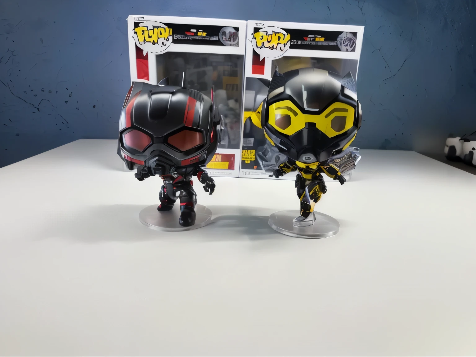 there are two figurines of ant-man and the wasp on display, funkopop, as a funkopop!, as a full body funkopop!, funko, esquema preto e amarelo e vermelho, imagem detalhada, mascote pop funko, vespa ciborgue, insectile forearms folded, goblin funkopop, vistas laterais frontais completas, funkopop&quot;, complete cinematic plan, plano amplo detalhado