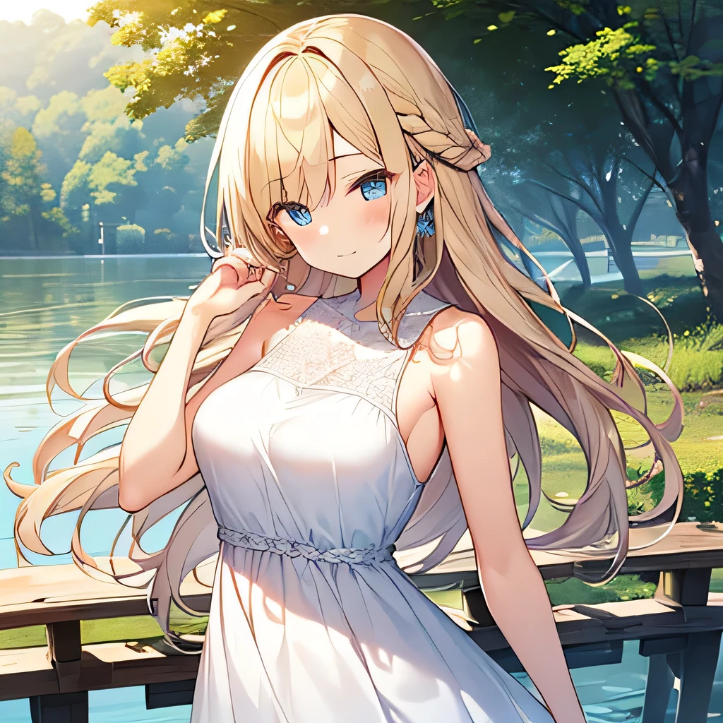Tabletop, highest quality,shape, wallpaper, Very detailed, Absurd beauty、1 beautiful girl、 (Long Hair、Braided hair、blonde、Ample breasts), Very detailed beautiful eyes , Hair blowing in the wind、Keep your head small、whole body、White dress、Lakeside、great outdoors、Fresh greenery、Naughty woman
