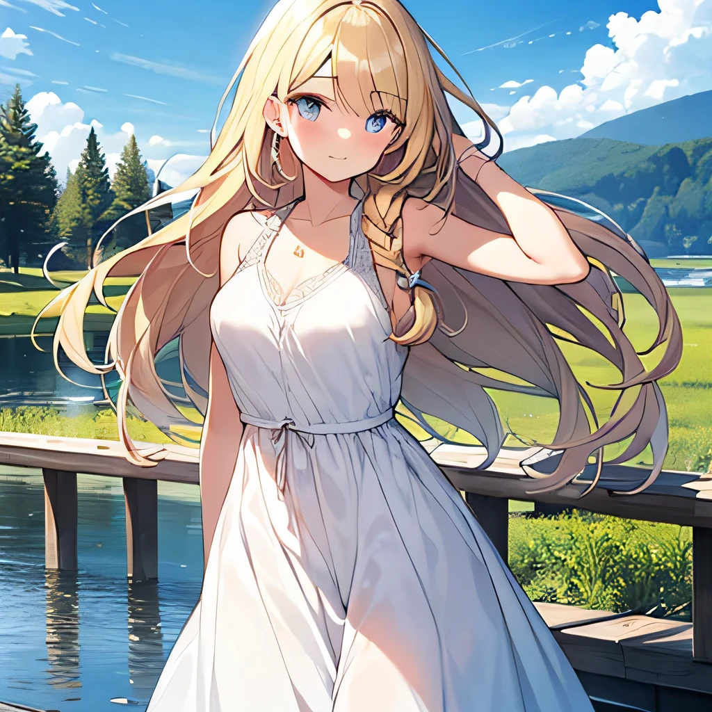 Tabletop, highest quality,shape, wallpaper, Very detailed, Absurd beauty、1 beautiful girl、 (Long Hair、Braided hair、blonde、Ample breasts), Very detailed beautiful eyes , Hair blowing in the wind、Keep your head small、whole body、White dress、Lakeside、great outdoors、Fresh greenery、Naughty woman