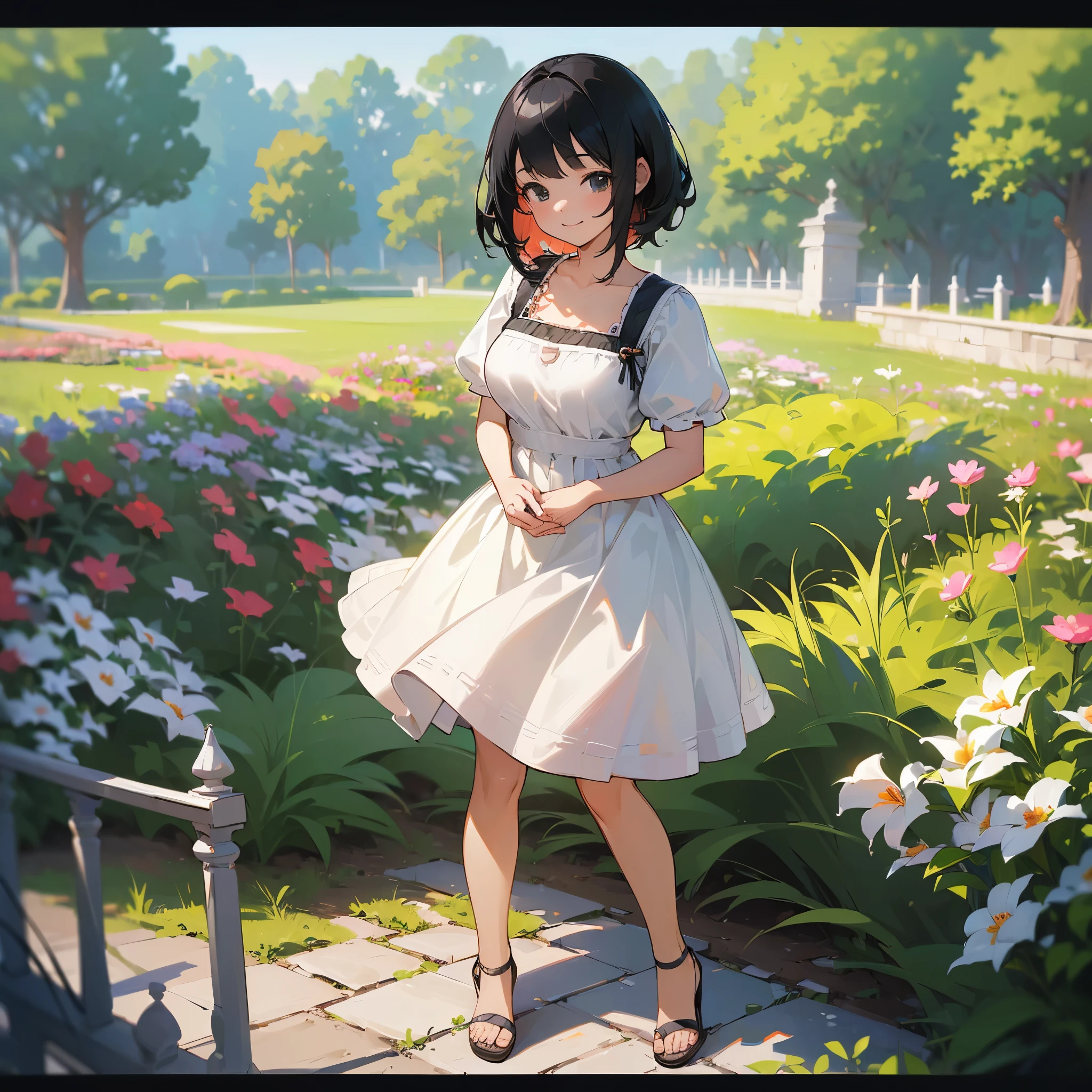 (high quality, High resolution, Very detailed, reality:1.37), Peaceful atmosphere, (Outdoor, garden), Teenage girl standing alone, (my breasts are big.), Beautiful details, Cute Smile, (Black bob hair), White short-sleeved dress, Sandals.
