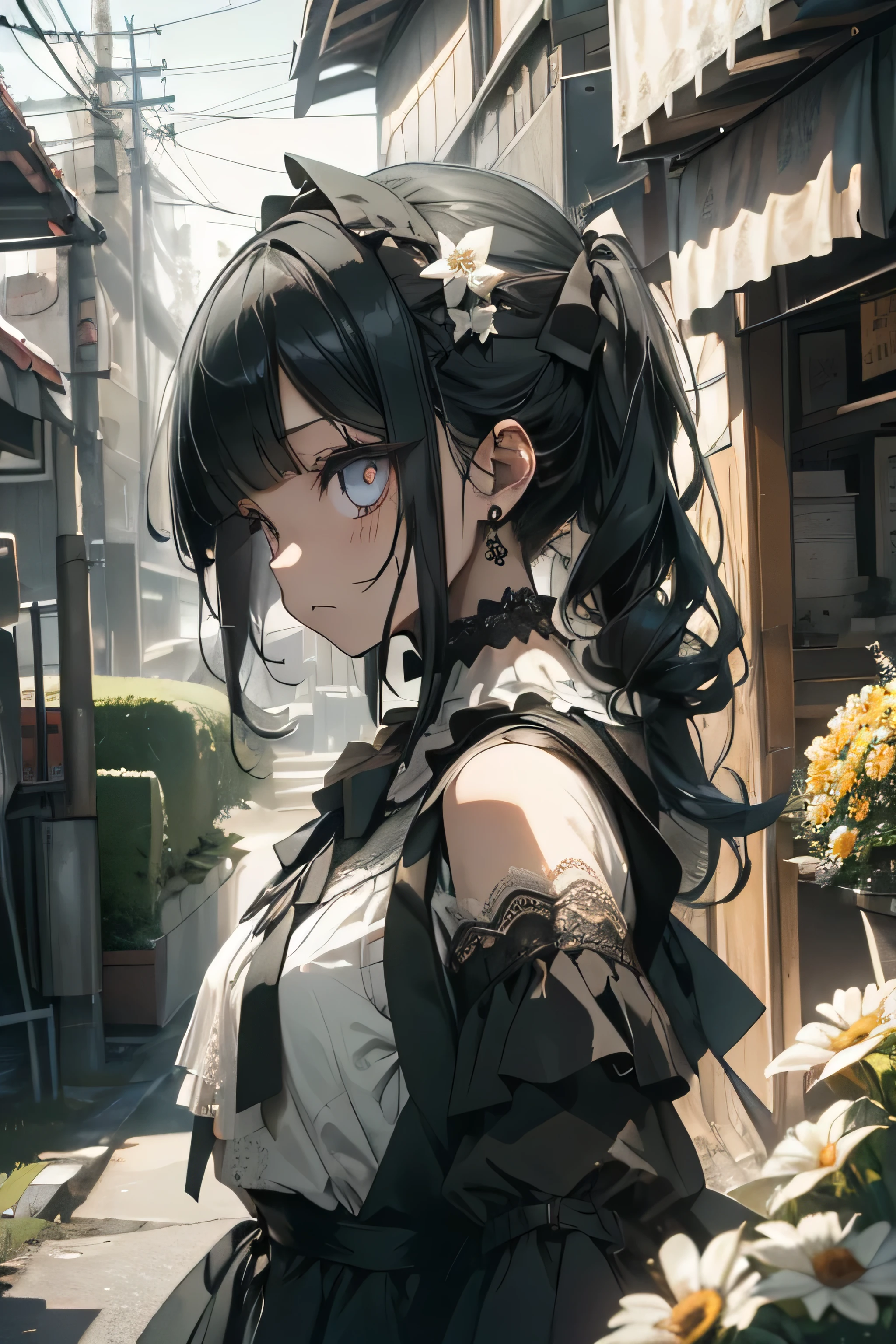 (masterpiece:1.2), (highest quality:1.2), Perfect Eyes, Perfect Face, Perfect lighting, One girl, Mature goth girl woman standing with hands out in front of her, Long Hair, Complicated hairstyle, compensate, Black Lips, Thick eyelashes, sad, melancholy, Dressed as a goth girl, Black and white dress, Frills, ribbon, Puffy sleeves, Exposing shoulders, Lace choker, jewelry, peaceful, quiet, Chill, Detailed outdoor background, Beautiful Landscape, Fantasy, summer, sunny, Sunburned, Flowers, wood
