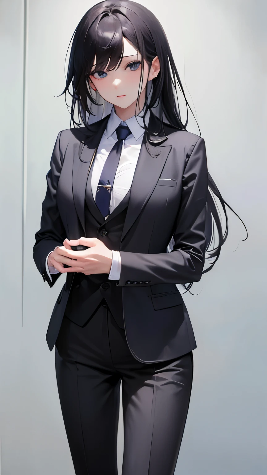 ((masterpiece)), (textured skin), ((high details)), best quality, award winning, 8k, ((beautiful woman)), beautiful lady in male clothing, gray suit, tie, white shirt, three-piece suit, British gentleman style, classic style, black hair, straight hair, swept bangs, long hair