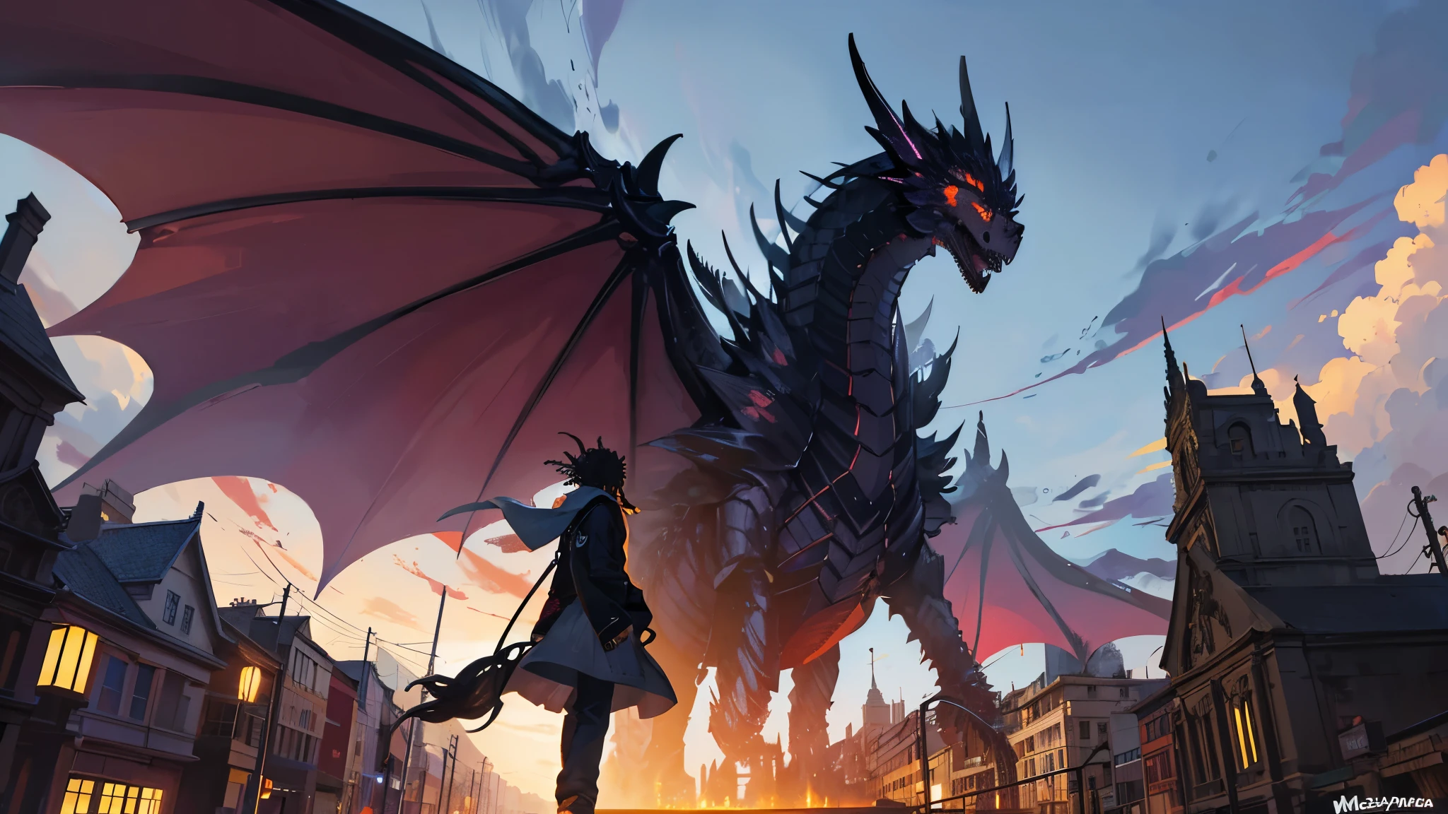 An African boy in normal teenage clothes with small dreadlocks black skin walking through the mysterious city where a big black dragon with big wings breathing fire across the city, ((melhor qualidade)), ((obra de arte))