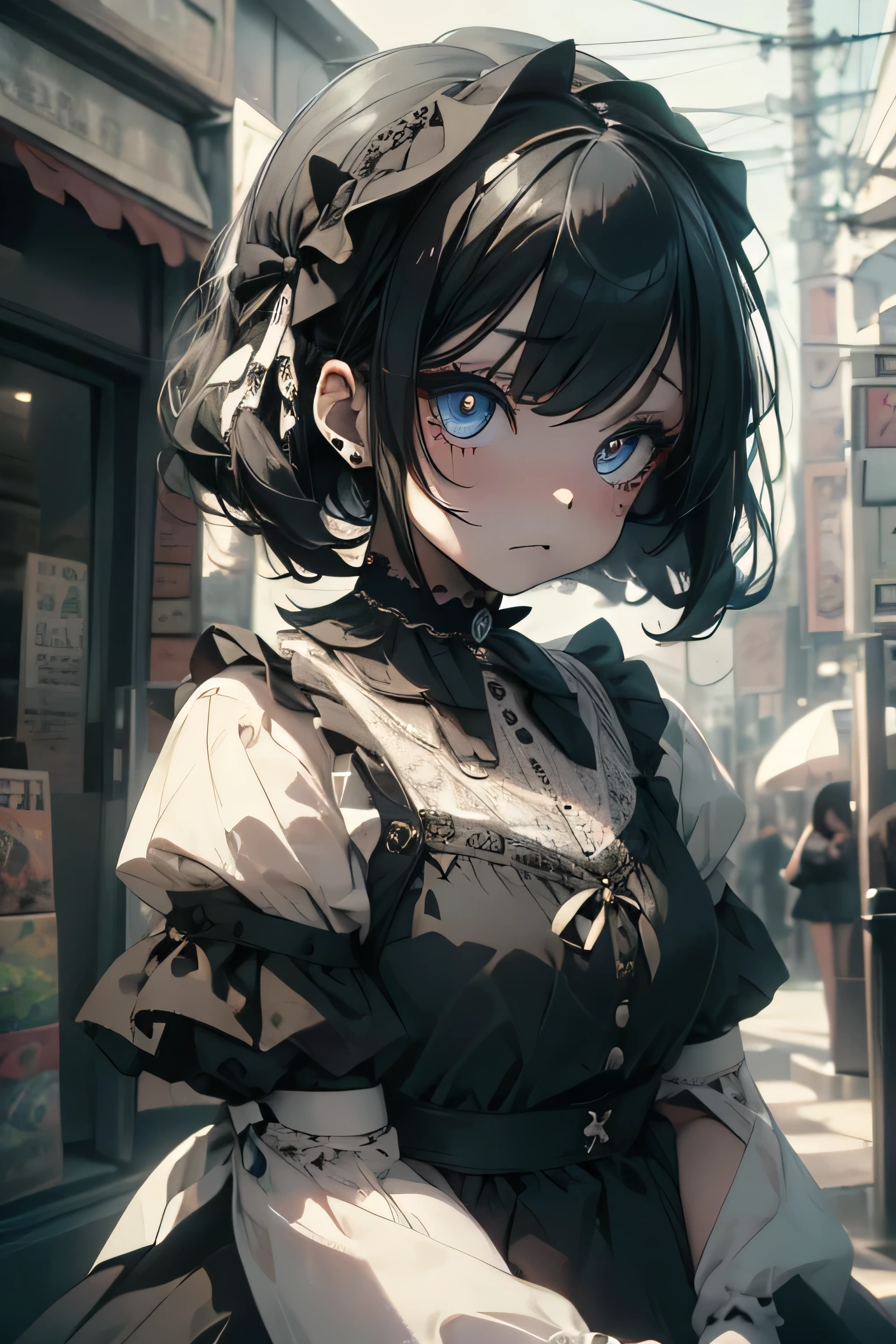 (masterpiece:1.2), (highest quality:1.2), Perfect Eyes, Perfect Face, Perfect lighting, One girl,bob, Complicated hairstyle, compensate, Black Lips, Thick eyelashes, sad, melancholy, Dressed as a goth girl, Black and white dress, Frills, ribbon, Puffy sleeves, Exposing shoulders, Lace choker, Beautiful Landscape