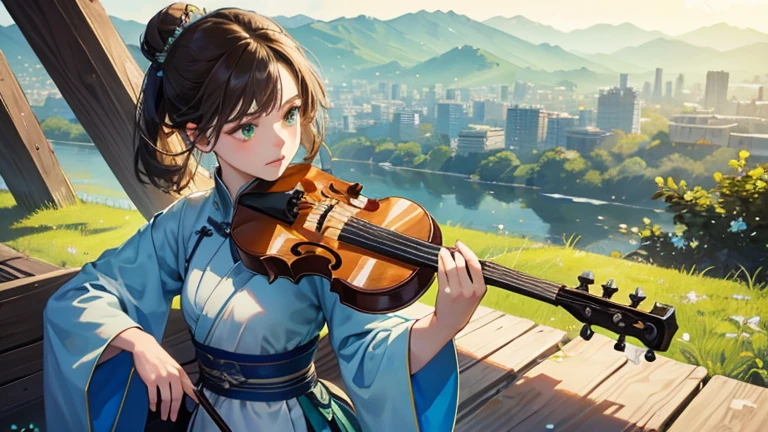 Best image quality, High resolution, 8k, Realistic expression of every detail, Photorealism. Playing a musical instrument, Erhu, In the bright grassland, I can see the city over the hill, An 18-year-old Chinese woman looks out the window. Her name is Leafa, Her brown hair is tied up in two buns, A few wavy strands of hair framed her face.. Her green eyes sparkle with insatiable curiosity.. Wearing a simple Chinese dress, Behind her outward calm、A fierce determination is hidden. She looks like she's smiling a little。The whole body is visible。