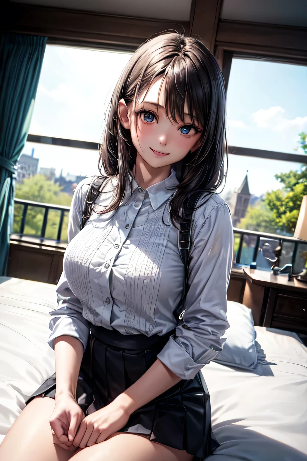 very cute and beautiful girl,(highly detailed beautiful face and eyes),
sitting on bed sheet,white blouse,looking at viewer,(seductive smile:1.2),black hair,pleated black mini skirt,
fashion bag,pouch,
antique hotel bedroom,window,distant trees and town,
(best quality,masterpiece),absurdres,highres,ultra-detailed,extremely detailed,32k,8k resolution,
intricate details,cinematic scene,detailed background,solo,dynamic angle,perfect hands,