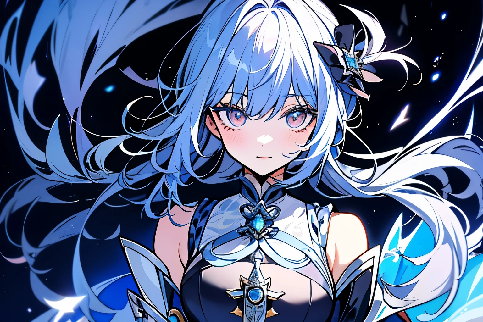 Manga characters stand on city streets in full costumes, inspired by Hong Ren's portrait, popular in CG society, dau-al-set, moon-themed costumes, silver ice reflective armor, blue accent costumes, Koqing from Genshin Impact, Ayaka Genshin Impact, blue and ice silver armor