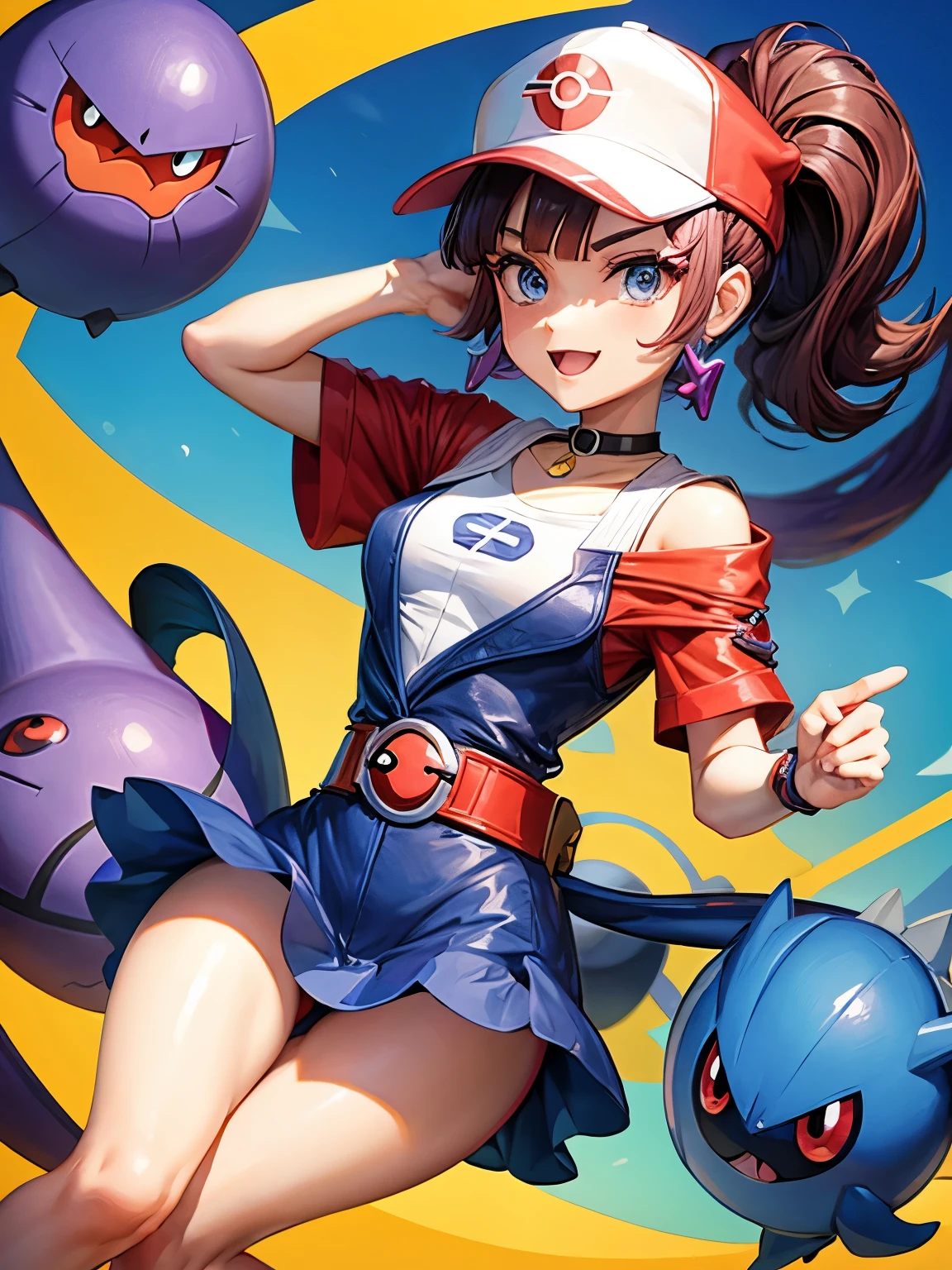 Jessie do pokemon com uma pokebola na mao e a arbok em volta.