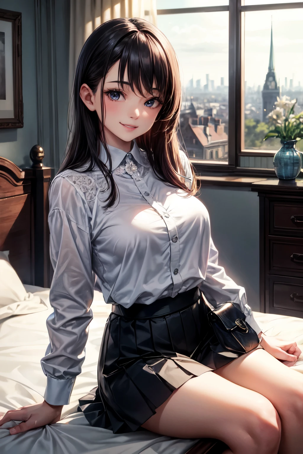 very cute and beautiful girl,(highly detailed beautiful face and eyes),
sitting on bed sheet,white blouse,looking at viewer,(seductive smile:1.2),black hair,pleated black mini skirt,
fashion bag,pouch,
antique hotel bedroom,window,distant trees and town,
(best quality,masterpiece),absurdres,highres,ultra-detailed,extremely detailed,32k,8k resolution,
intricate details,cinematic scene,detailed background,solo,dynamic angle,perfect hands,