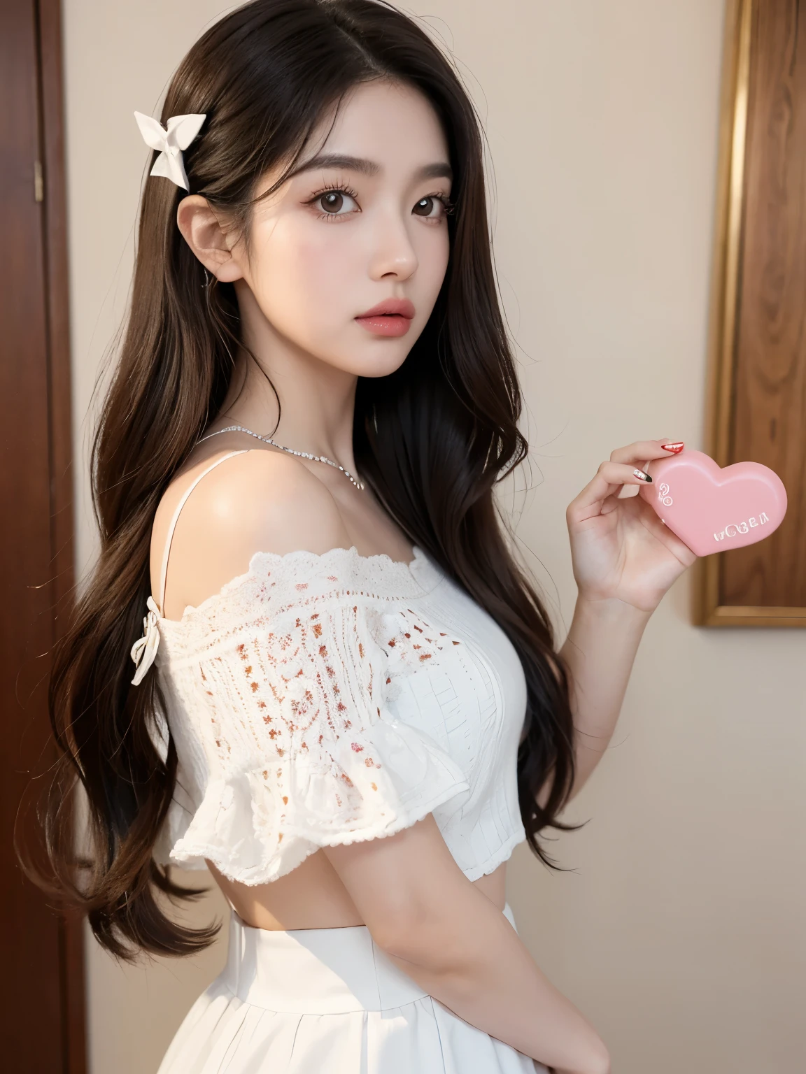 Kim Jennie with white brown hair, con rulos en las puntas, with two bows on each side of the hair, all her hair white brown, with a star clip in her white brown hair, ojos de color claro, ojos bonitos, ojos llorosos, nariz bonita y respingada, nariz lloroso, labios bonitos, labios rosas, heart and cupid shaped lip, piel bonita, pale, piel blanca, con lunares y pecas en todo el rostro, rubor rosa suave en las mejilla, rubor rosa natural, maquillaje suave y rosa, jennie, cuello bonito, cuello marcado, frown, mirada tierna, con un collar de beso, un collar bonito de beso, parecido a Yumeko Jabami, mientras lleva puesto un Crochet YK2, de lana, with a YK2 style brown mini skirt, mientras lleva una casaca con estampados de ositos, mientras tiene el abdomen desnudo, delgado, marcado y bonito, (pechos grandes, pechos suaves, pechos bonitos), mientras esta haciendo cospaly del personaje Yumeko Jabami, del anime Kakegurui, mirando a la camara, autofoto, selfie bonita