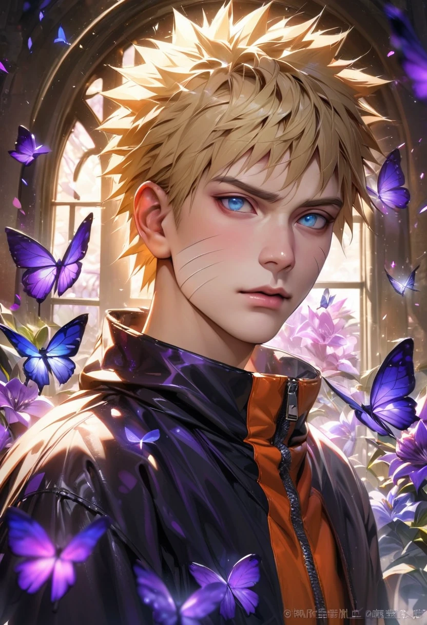 absurdres, highres, ultra detailed, HDR, master piece, best quality, realistic face, Uzumaki Naruto, blond hair, expressive blue eyes, Naruto Shippuden, solo, man, handsome, glass stained window, purple shining butterflies, purple lilies, purple petals
