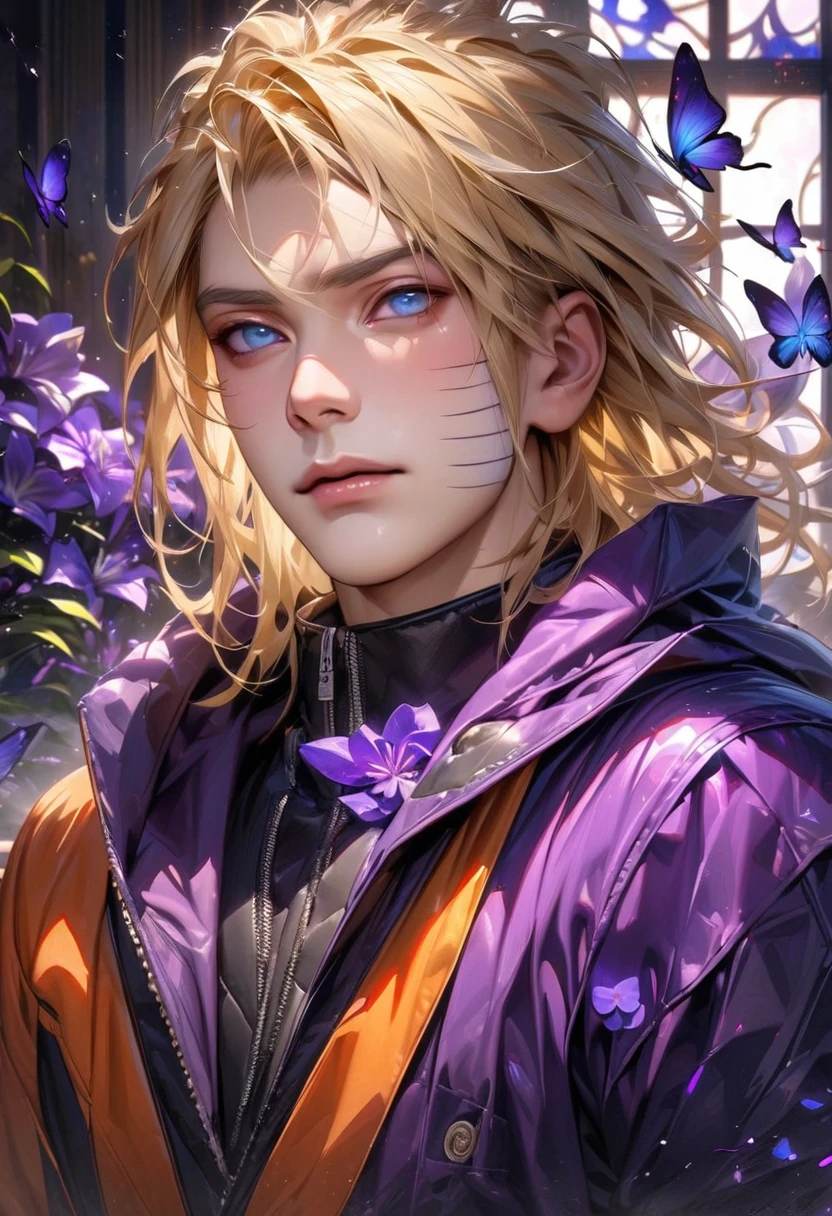 absurdres, highres, ultra detailed, HDR, master piece, best quality, realistic face, Uzumaki Naruto, blond hair, expressive blue eyes, Naruto Shippuden, solo, man, handsome, glass stained window, purple shining butterflies, purple lilies, purple petals