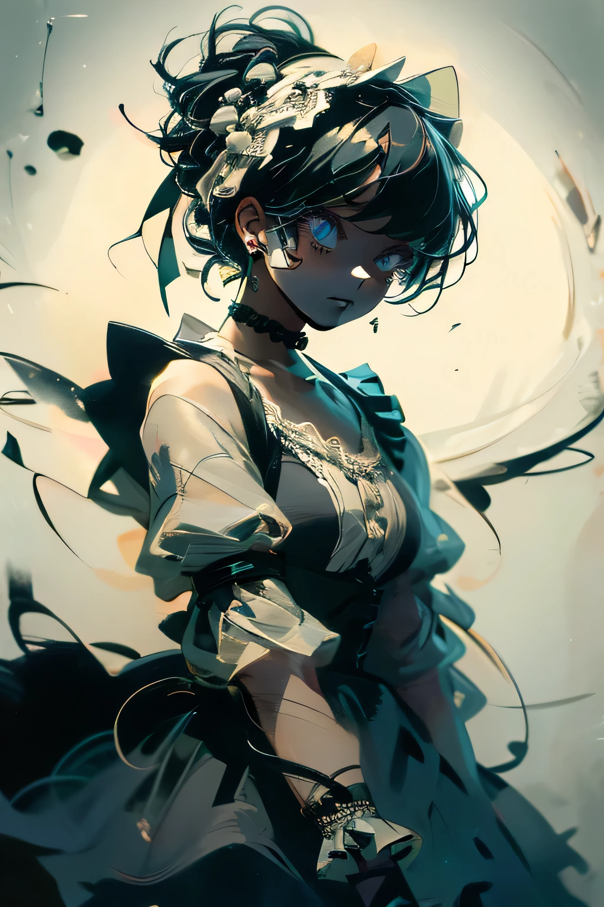 (masterpiece:1.2), (highest quality:1.2), Perfect Eyes, Perfect Face, Perfect lighting, One girl,bob, Complicated hairstyle, compensate, Black Lips, Thick eyelashes, sad, melancholy, Dressed as a goth girl, Black and white dress, Frills, ribbon, Puffy sleeves, Exposing shoulders, Lace choker, Beautiful Landscape,skirt lift,from above