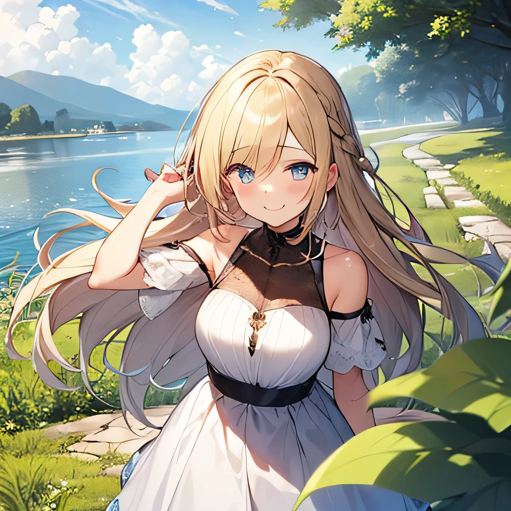 Tabletop, highest quality,shape, wallpaper, Very detailed, Absurd beauty、1 beautiful girl、 (Long Hair、Braided hair、blonde、Ample breasts), Very detailed beautiful eyes , Hair blowing in the wind、Keep your head small、whole body、White dress、Black heels、Lakeside、great outdoors、Fresh greenery、Naughty woman、Close your eyes and laugh、A big smile、Shyness