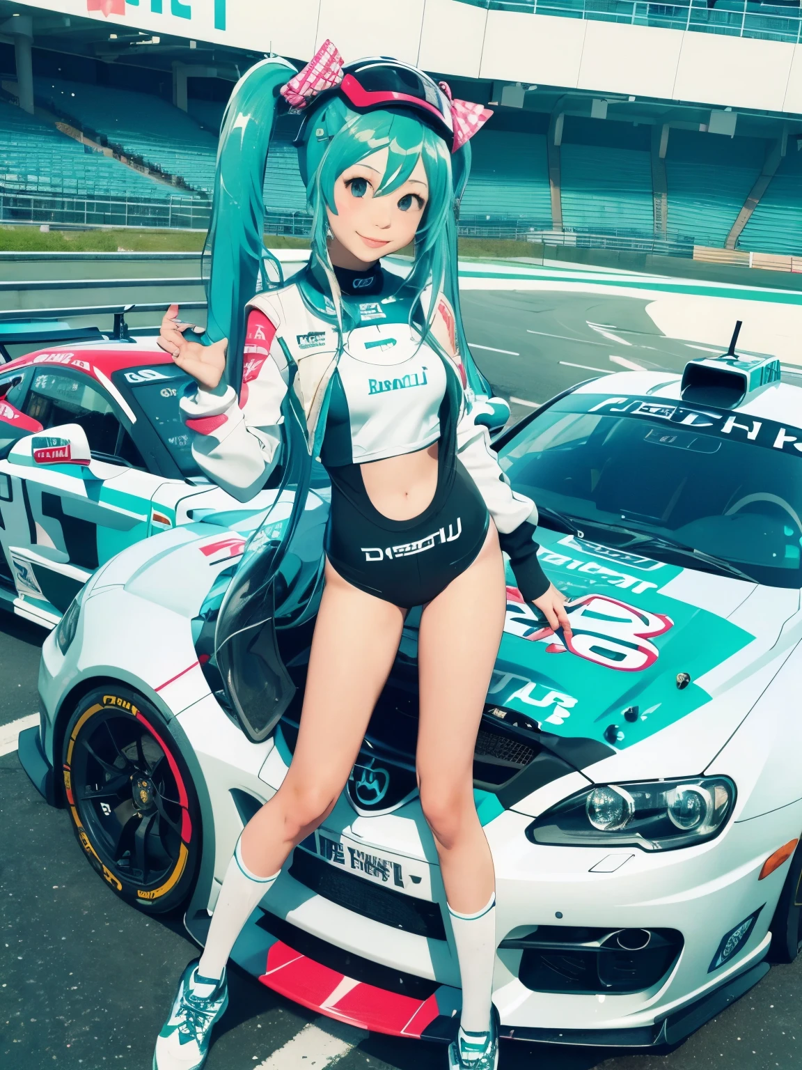 (masterpiece、highest quality、highest quality、Official Art、Beautiful and beautiful:1.2)、(One girl:1.3)Hatsune Miku、Twin tails,Big Breasts,highest quality,High resolution),Tess Durrett,pole position,Holding a racing helmet,Standing in a race car,smile,Anime Style,Bright colors,Dynamic Lighting,Glossy finish,Cheerful pose,Attention to detail,Sparkling eyes,long flowing hair,Wear a racing suit,Checkered flag pattern on car,Exciting atmosphere,Vivid expression