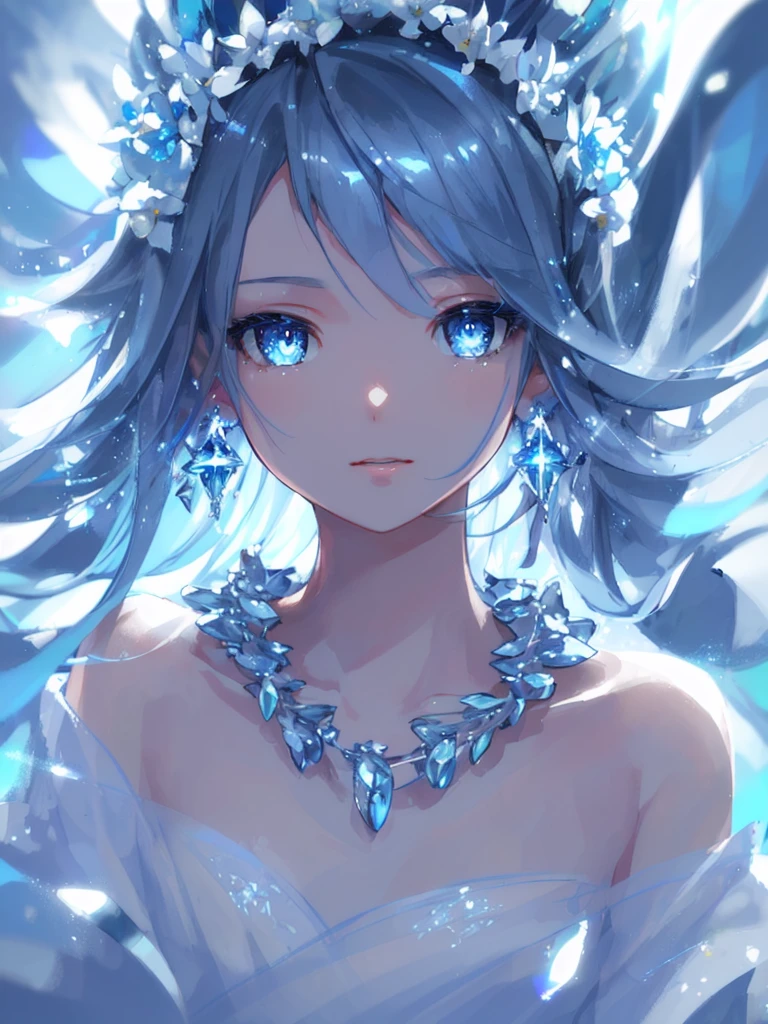 masterpiece, best quality, illustration, sax blue, platinum earrings, platinum necklace, white dress, 1girl, cute, (dynamic lighting:1.2), cinematic lighting, delicate facial features, detailed eyes, sharp pupils, realistic pupils, depth of field, bokeh, sharp focus, (hyper-detailed, bloom, glow:1.4), many small gems
