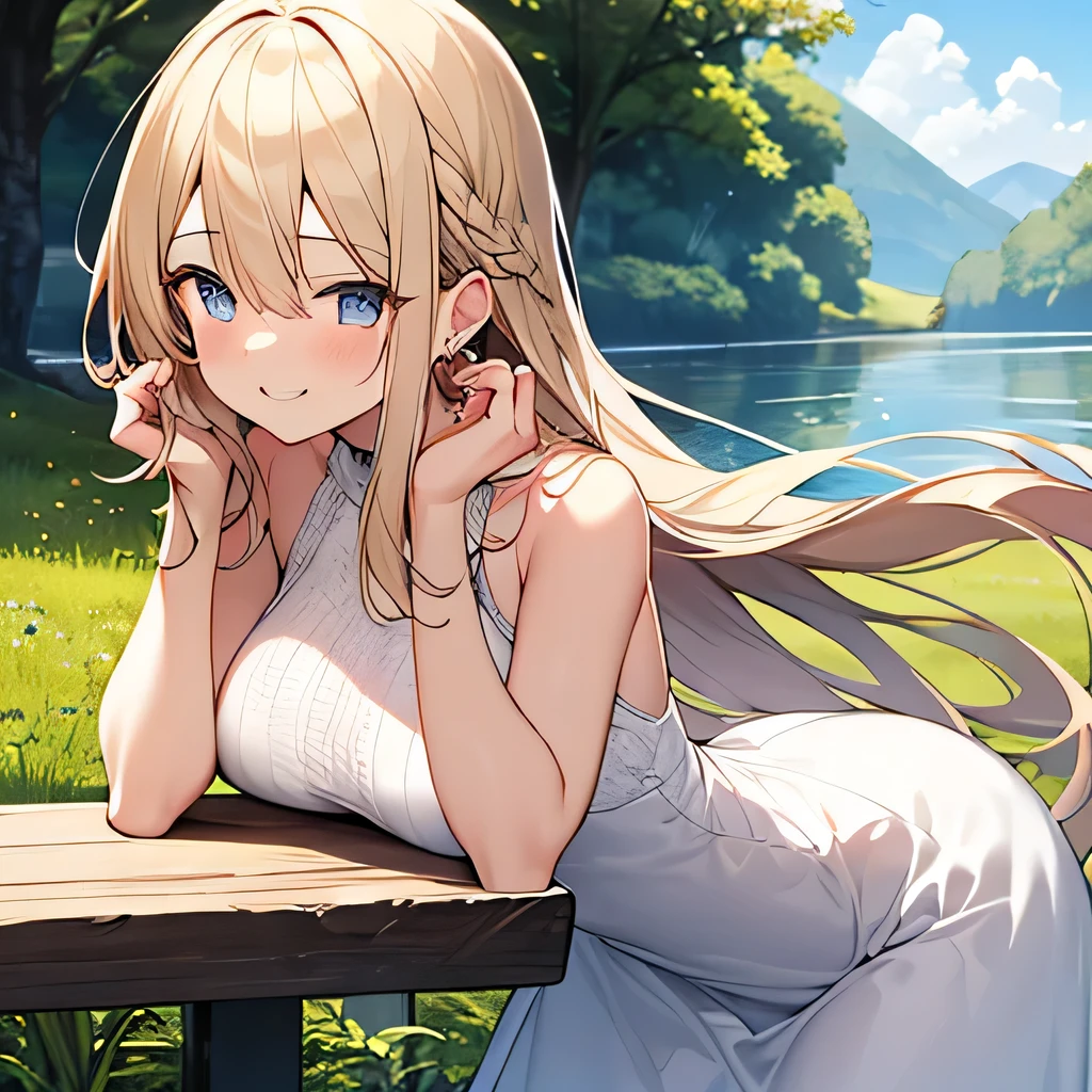 Tabletop, highest quality,shape, wallpaper, Very detailed, Absurd beauty、1 beautiful girl、 (Long Hair、Braided hair、blonde、Ample breasts), Very detailed beautiful eyes , Hair blowing in the wind、Keep your head small、whole body、White dress、Black heels、Lakeside、great outdoors、Fresh greenery、Naughty woman、Close your eyes and laugh、A big smile、Shyness
