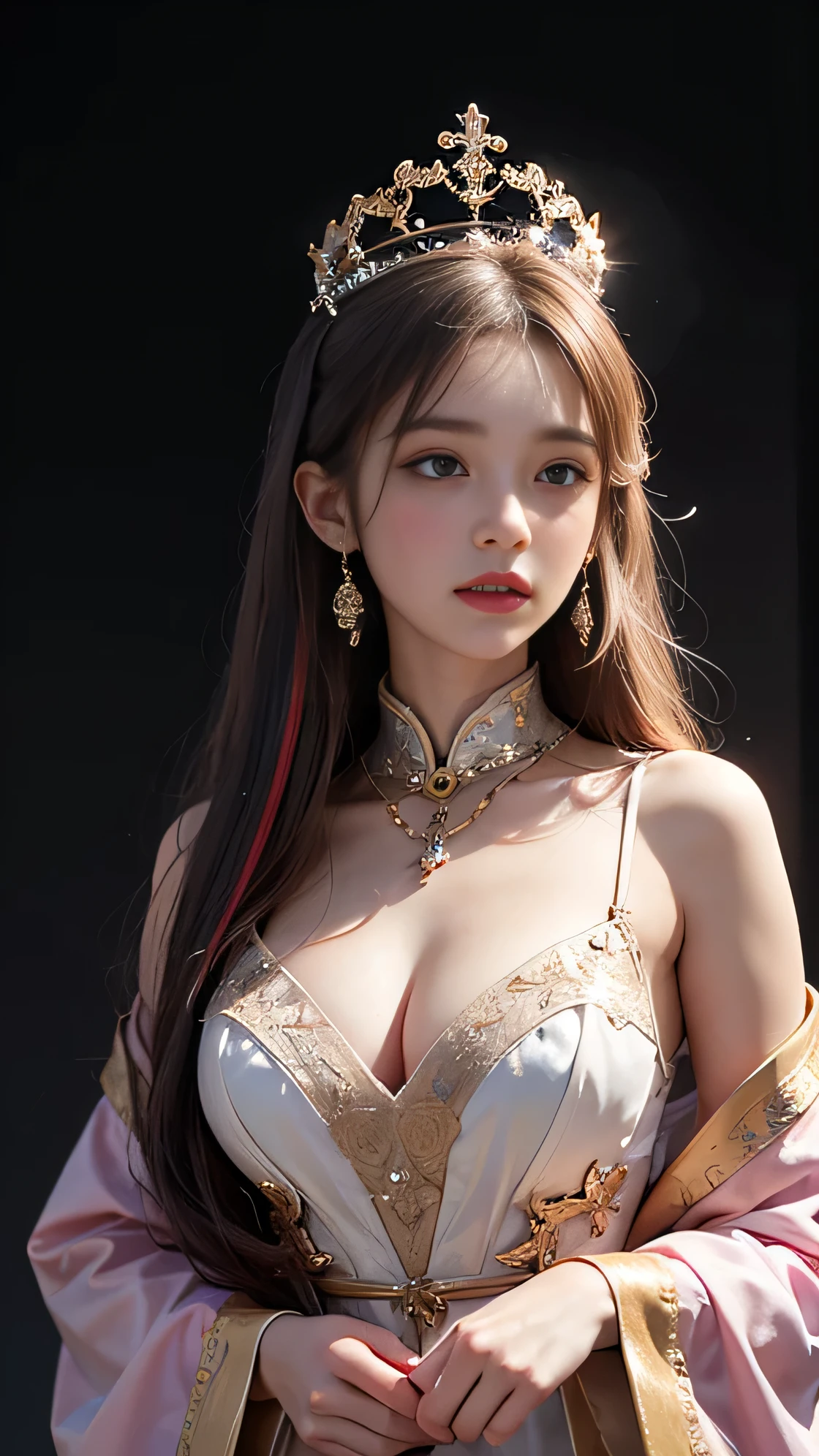 Portrait of a 21 year old saint,Charming adult saint in a long dress made of thin silk, beautiful saint with an old face, adult, She is wearing a bright pink colorful dress:1.5, beautiful face without blemishes, ((7 hair length colors:1.2)), big crown, hair brooch, Hanfu dress, Ancient Chinese style, whole body jewelry, forehead tattoo, face tattoo,very even breasts, face, innocent face, The most beautiful and delicate light red lipstick, ((thin and plump lips:0.3)), ((golden eyes color:0.6)), Detailed and delicate lighting effects, Light and Darkness, dramatic lighting, magical lights, highly detailed lighting, natural color, very sharp, realistic, 8K quality, Fantasy space setting, A space of saints and magic, The most detailed images, ((alone:0.3)), ((to the saints:0.6)), ((Staring straight at saint'upper body:0.4)), ((soft skin:0.5)), ((saint'veil:0.6)),Tattoo , Face tattoo,Oiran , clothes made of jewels , Cherry Blossom , 🌸 , grassland , Close your eyes and sleep in the chair:1.5, whole body, breast exposure, Leg exposure,show one's legs, Palace, Emphasis on waist line