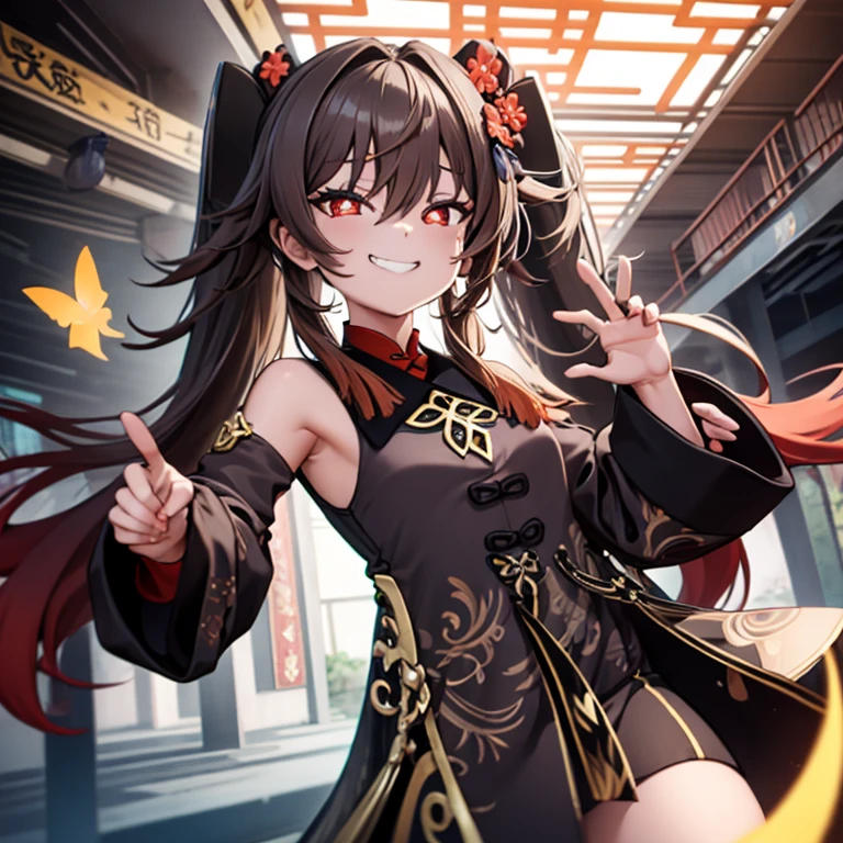(highest quality), (masterpiece), ((beautiful:0.75) pretty girl:0.75), [Clear and clean] Pixiv (figure), (Hu Tao/(Genshin Impact/)), Red eyes, Flower-like pupils, Have, Long brown hair, bangs, Twin tails, Chinese clothing, Black shorts, Wide sleeves, Grin, Light blue dress, View, Smile at me, kind, sympathy, beautiful, He loves me wholeheartedly