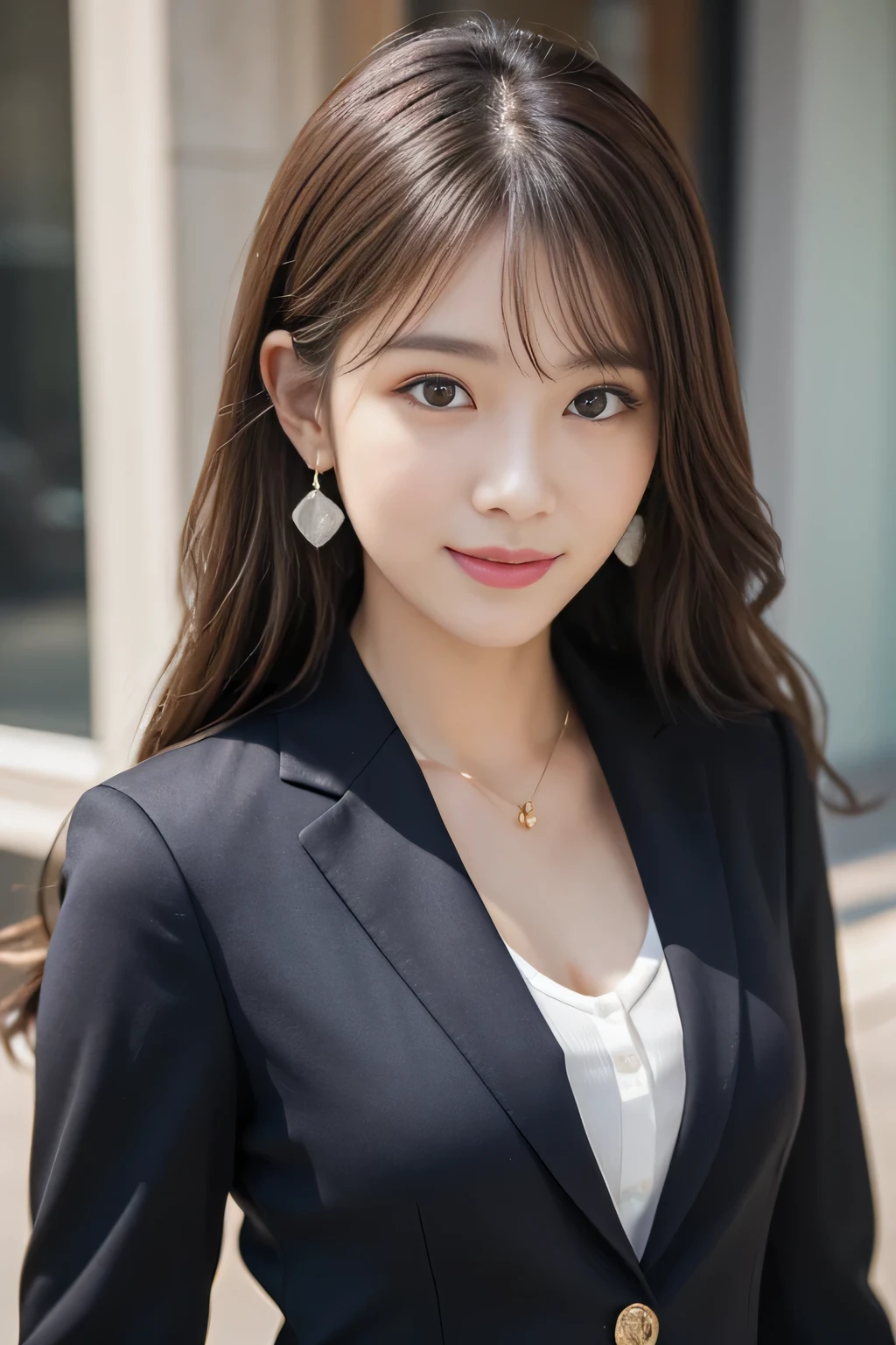 (1 female), beautiful, Great face and eyes, Compensate, (Very detailedbeautiful顔), Captivating smile, (highest quality:1.4), (Very detailed), (very detailed CG synthesis 8k wallpaper), Very detailed, RAW Photos, Professional photography, (Dark suit, White mini skirt:1.2), (A business shirt with a wide open chest), length, light brown, Messy Hair、Big earrings、Close-up、