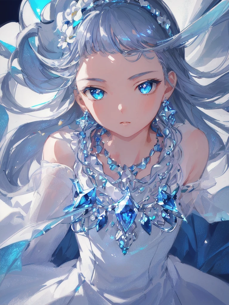 masterpiece, best quality, illustration, sax blue, platinum earrings, platinum necklace, white dress, 1girl, cute, (dynamic lighting:1.2), cinematic lighting, delicate facial features, detailed eyes, sharp pupils, realistic pupils, depth of field, bokeh, sharp focus, (hyper-detailed, bloom, glow:1.4), many small gems