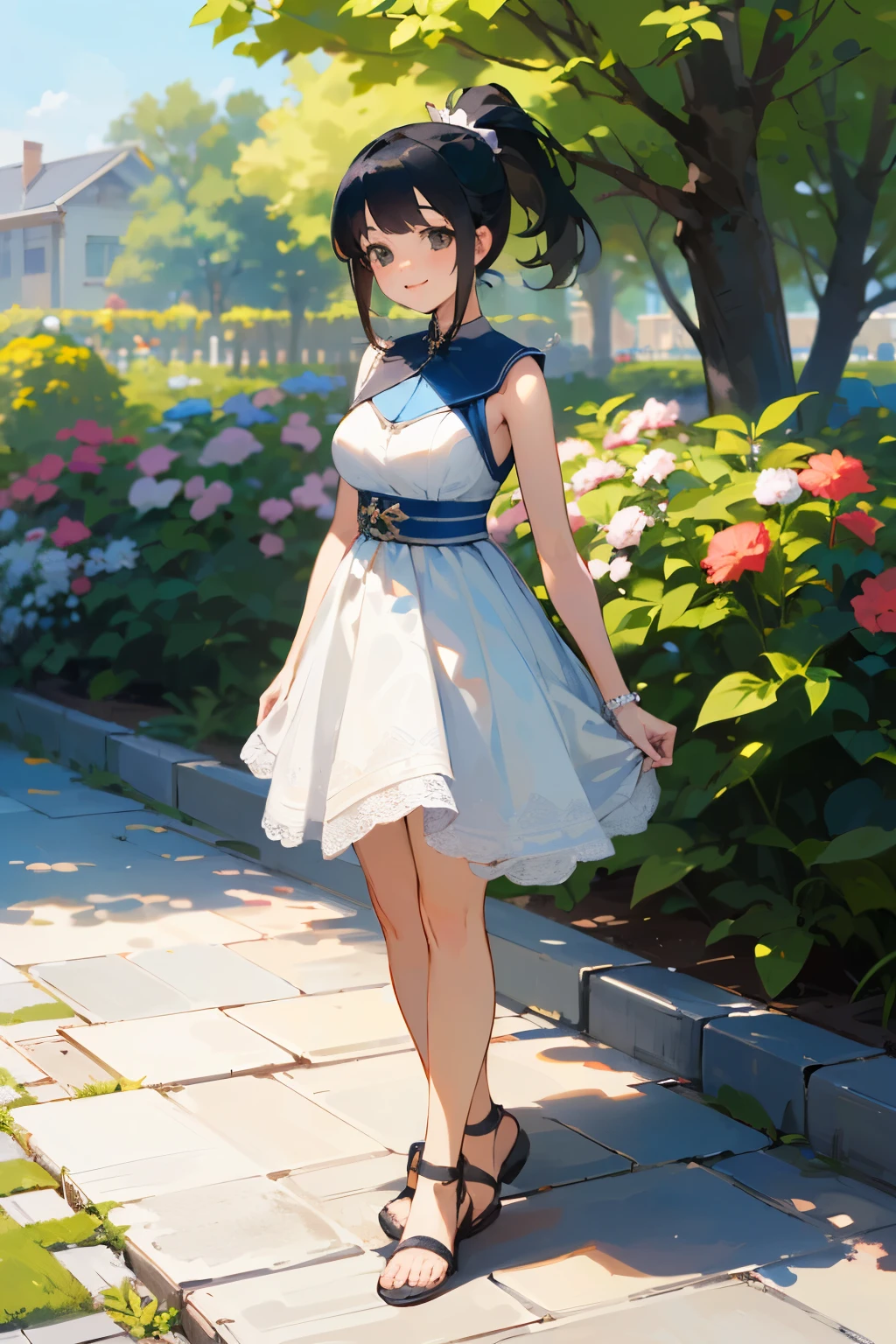 (high quality, High resolution, Very detailed, reality:1.37), Peaceful atmosphere, (Outdoor, garden), Teenage girl standing alone, (my breasts are big.), Beautiful details, Cute Smile, (Black hair ponytail), White sleeveless dress, Sandals.