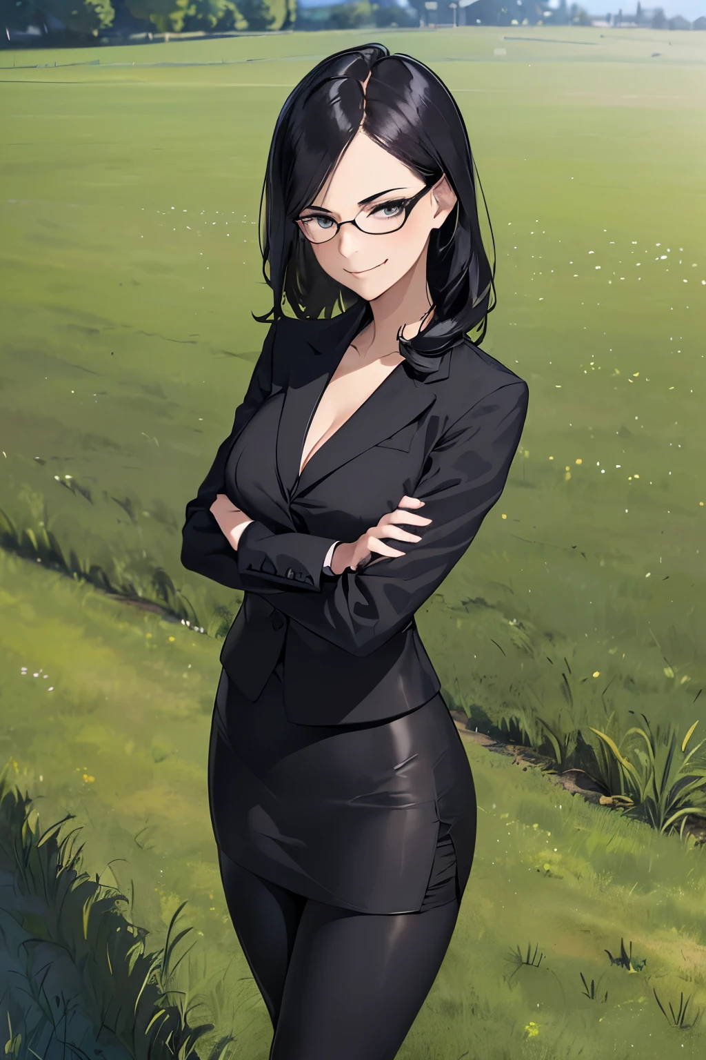 ((best quality)), ((masterpiece)), ((detailed)), (((perfect faces))), (((30yo beautiful woman in black suit, shirt, tight skirt, leggings))), (((cleavage:0.8))), (((glasses))), (((black hair))), (((standing))), (((arms crossed))), (((smirking))), (((grass field)))