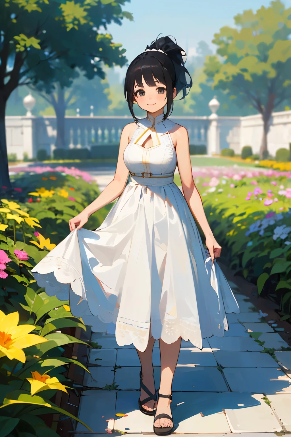 (high quality, High resolution, Very detailed, reality:1.37), Peaceful atmosphere, (Outdoor, garden), Teenage girl standing alone, (my breasts are big.), Beautiful details, Cute Smile, (Black hair ponytail), White sleeveless dress, Sandals.