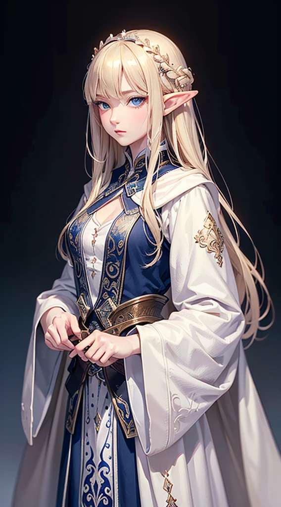 masterpiece, highest quality, Intricate details, Slender blonde elven woman, (blue eyes), Perfect Anatomy, Perfect Face:1.3), Sharp focus, (Cowboy Shot), Ultra-high resolution, (One girl:1.4), Highly detailed illustration, Smooth, Extremely pixel perfect, Detailed Background,High Fantasy,White Robe
